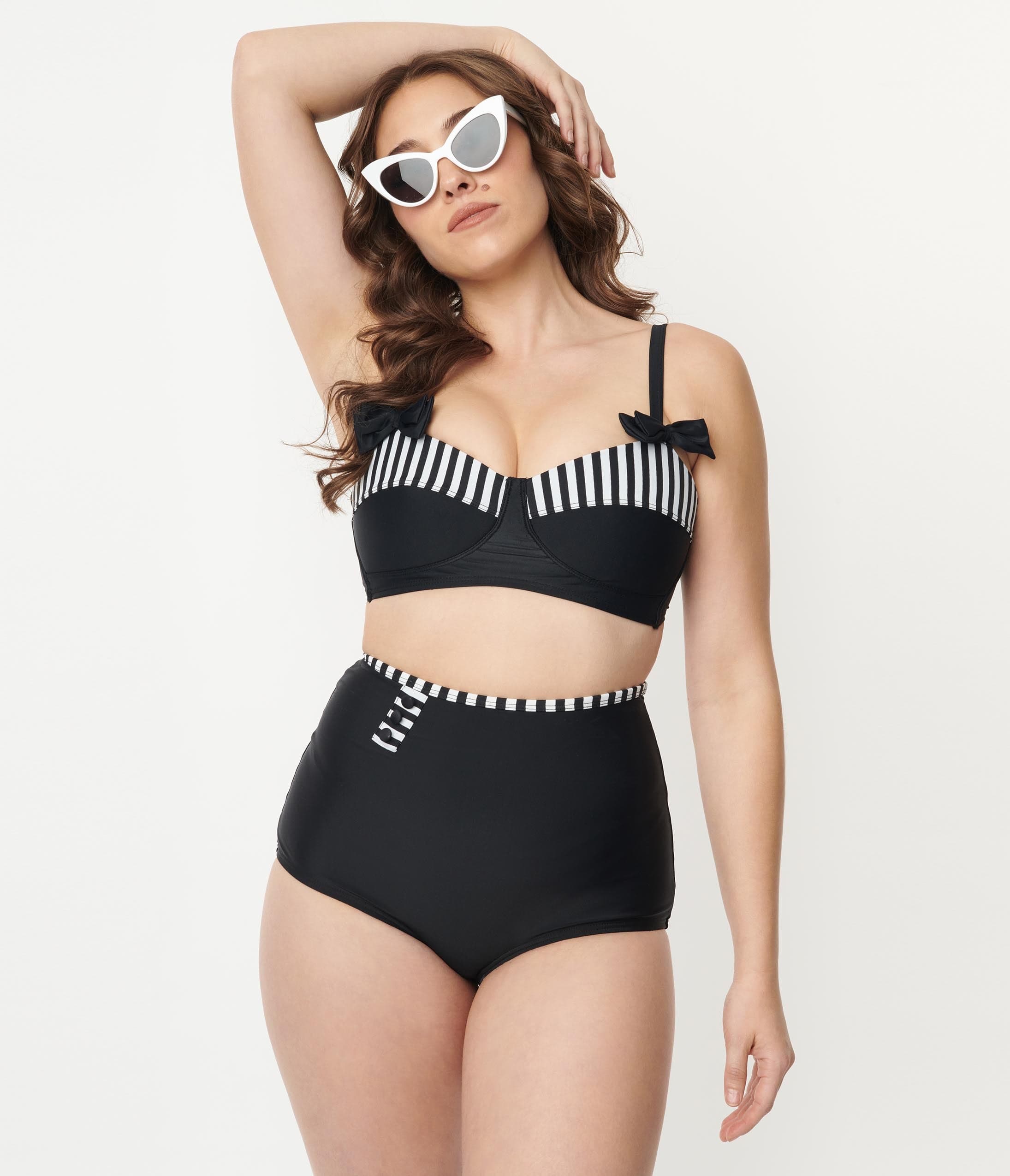 Vintage Black High Waist Hatteras Swim Bottoms for Women - Retro Bathing Suit Bottom with Adjustable Ties - Perfect for Beach, Pool & Summer Vacations