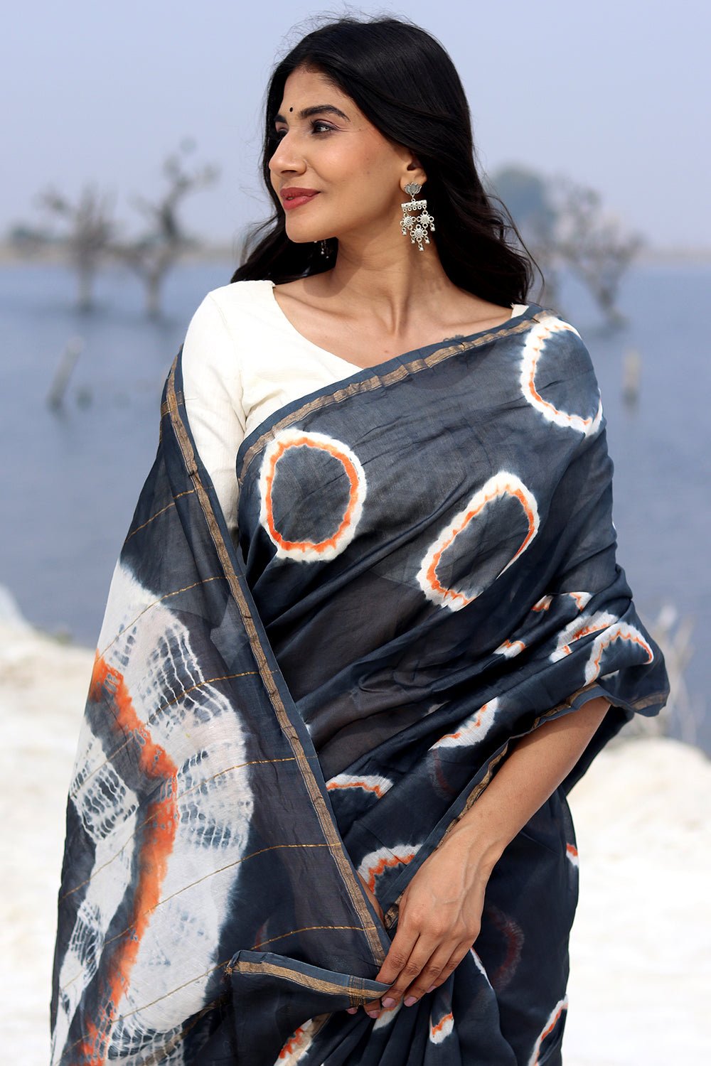 Midnight Mirage Bandhni Chanderi Saree - Handcrafted Indian Silk Saree with Traditional Tie-Dye Patterns for Women, Perfect for Weddings, Parties & Festive Occasions