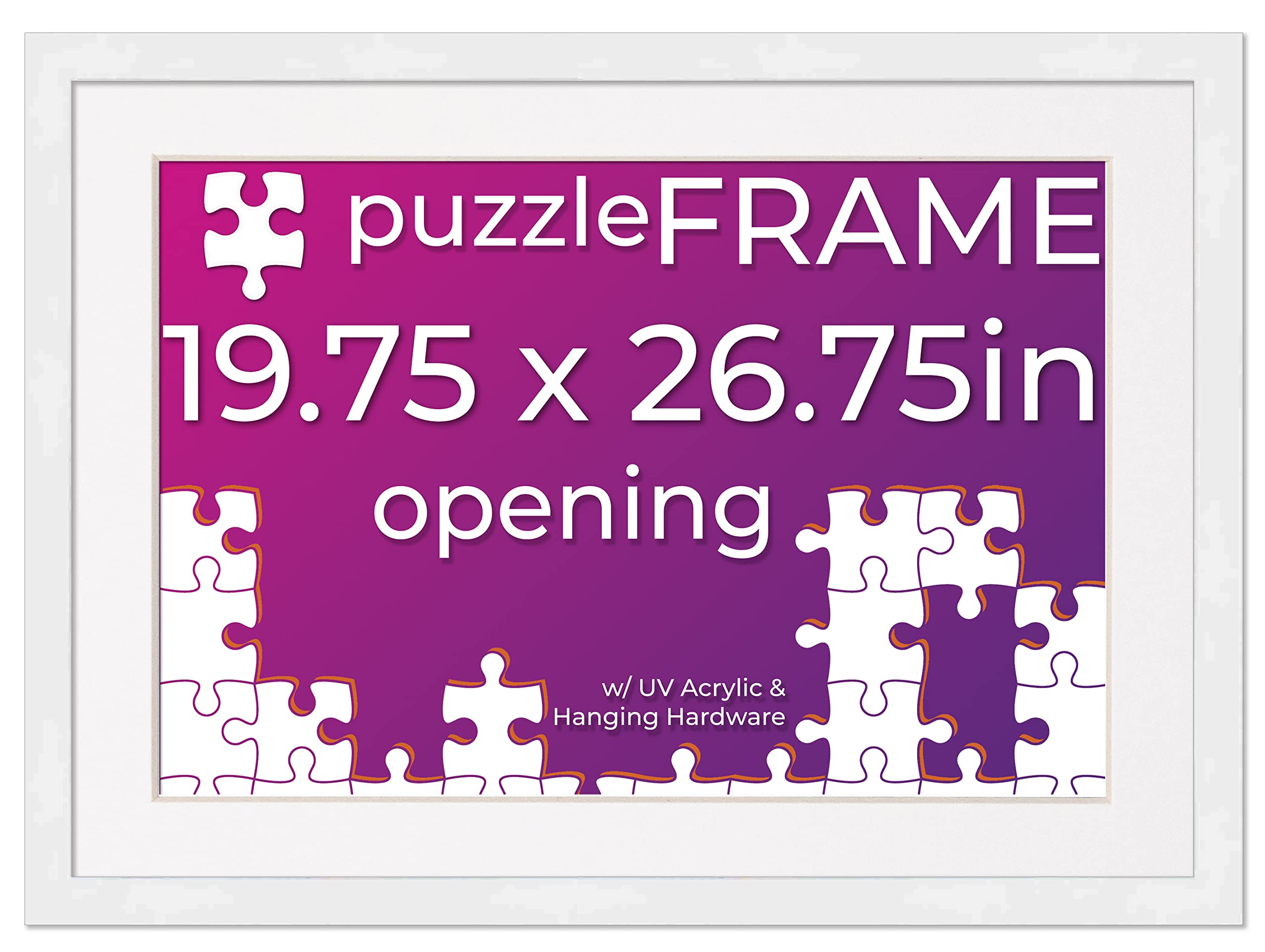 19.75x26.75 Jigsaw Puzzle Frame Kit with Puzzle Glue Sheets, White Wood Frame & Mat, UV Acrylic & Hanging Hardware - Perfect for Displaying Completed Puzzles in Living Rooms, Bedrooms or Game Rooms