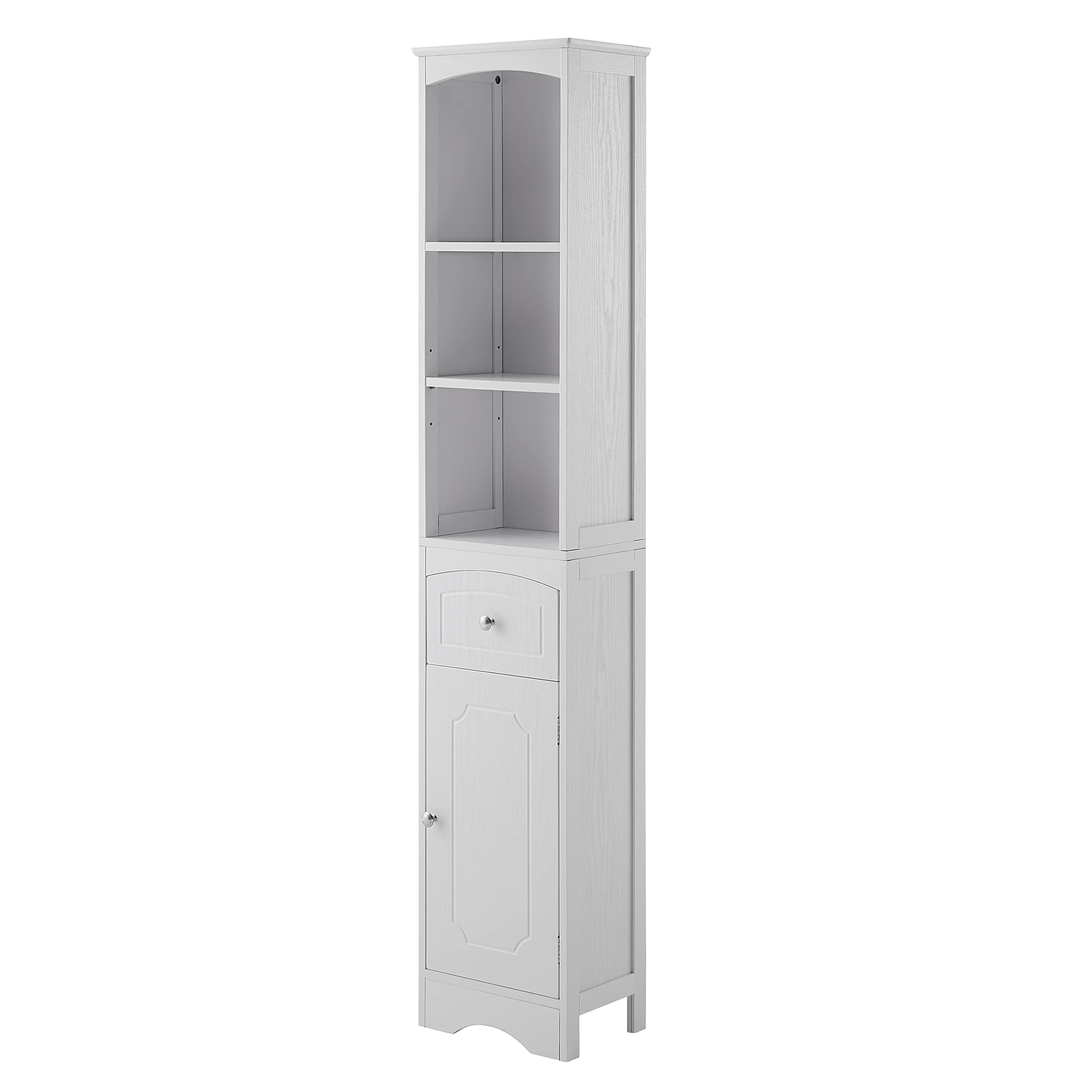 P PURLOVE Narrow Tall Bathroom Storage Cabinet with Drawers & 3-Tier Open Shelves - Adjustable Shelf Floor Cabinet for Bathroom, Living Room, Kitchen - Perfect for Small Spaces, Organizing Toiletries, Towels & Cleaning Supplies (White)