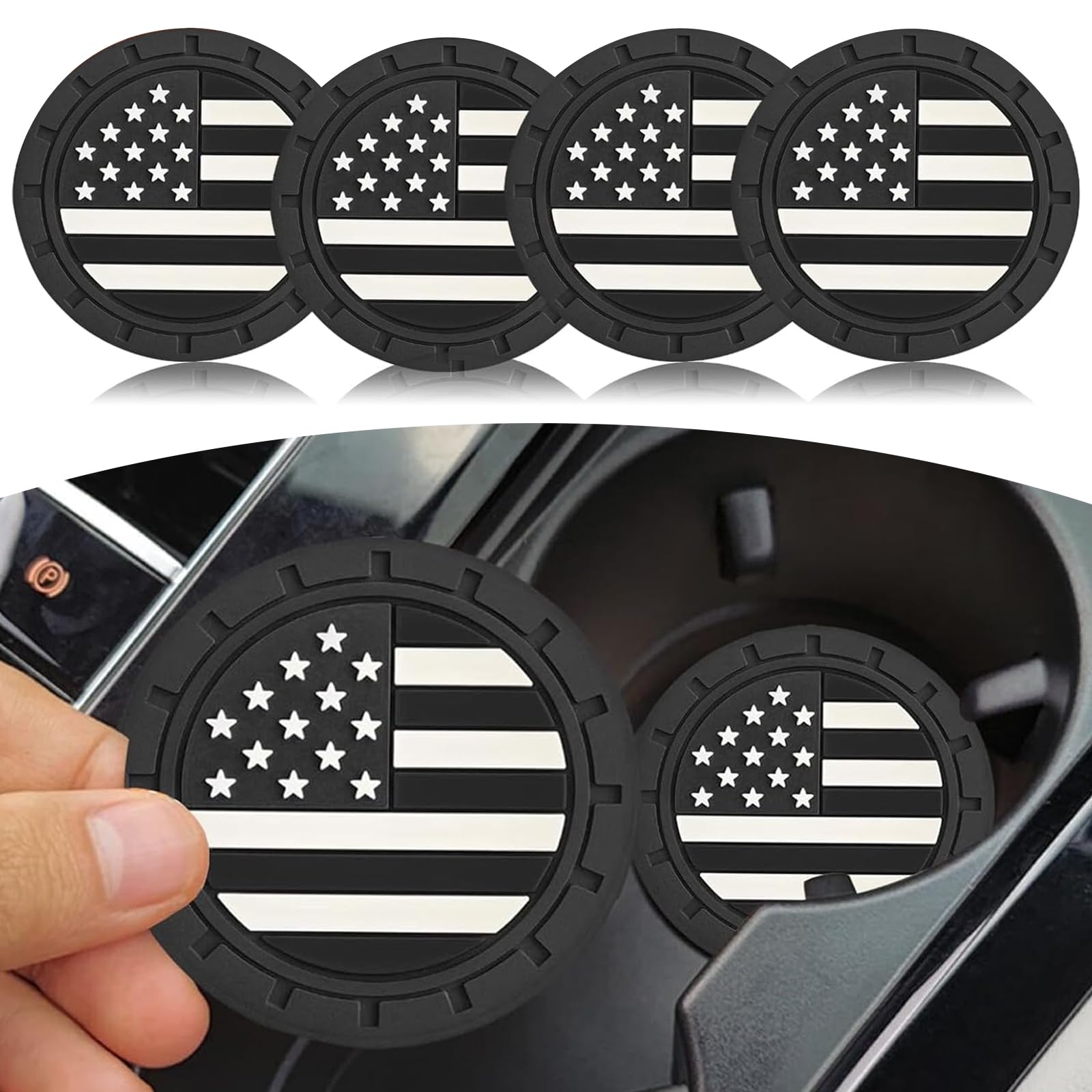 4-Pack American Flag Car Cup Holder Coasters - 2.75 Inch Non-Slip Shockproof Drink Mats for Vehicles - Universal Car Interior Accessories (Black) - Perfect for Road Trips, Commuting and Daily Driving