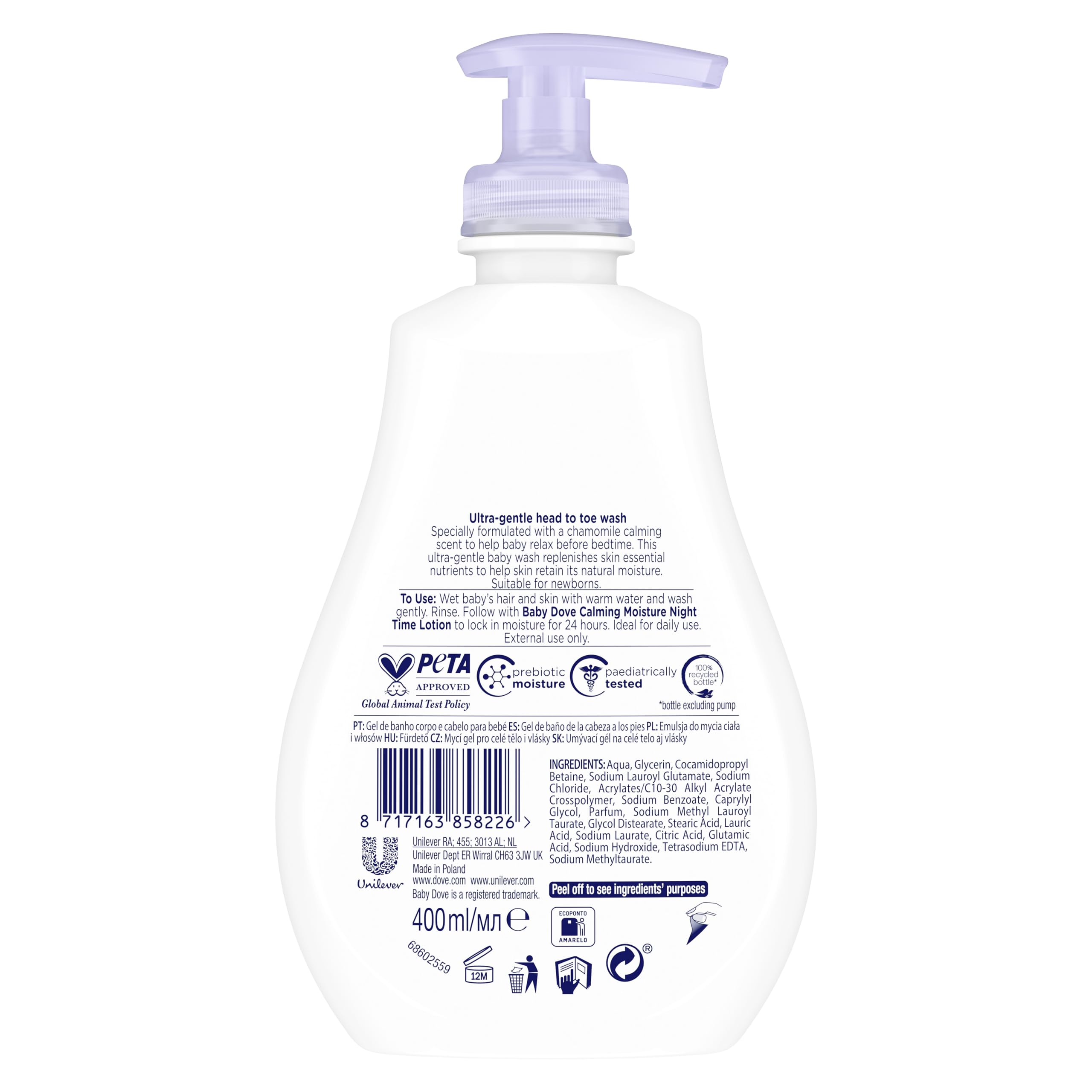 Baby Dove Calming Moisture Sensitive Skin Night Time Wash - Hypoallergenic & Tear-Free Baby Bath Wash for Newborns, 3 Pack (400ml x 3) | Gentle Scented Baby Shampoo & Body Wash for Bedtime & Relaxing Bath Time Routine