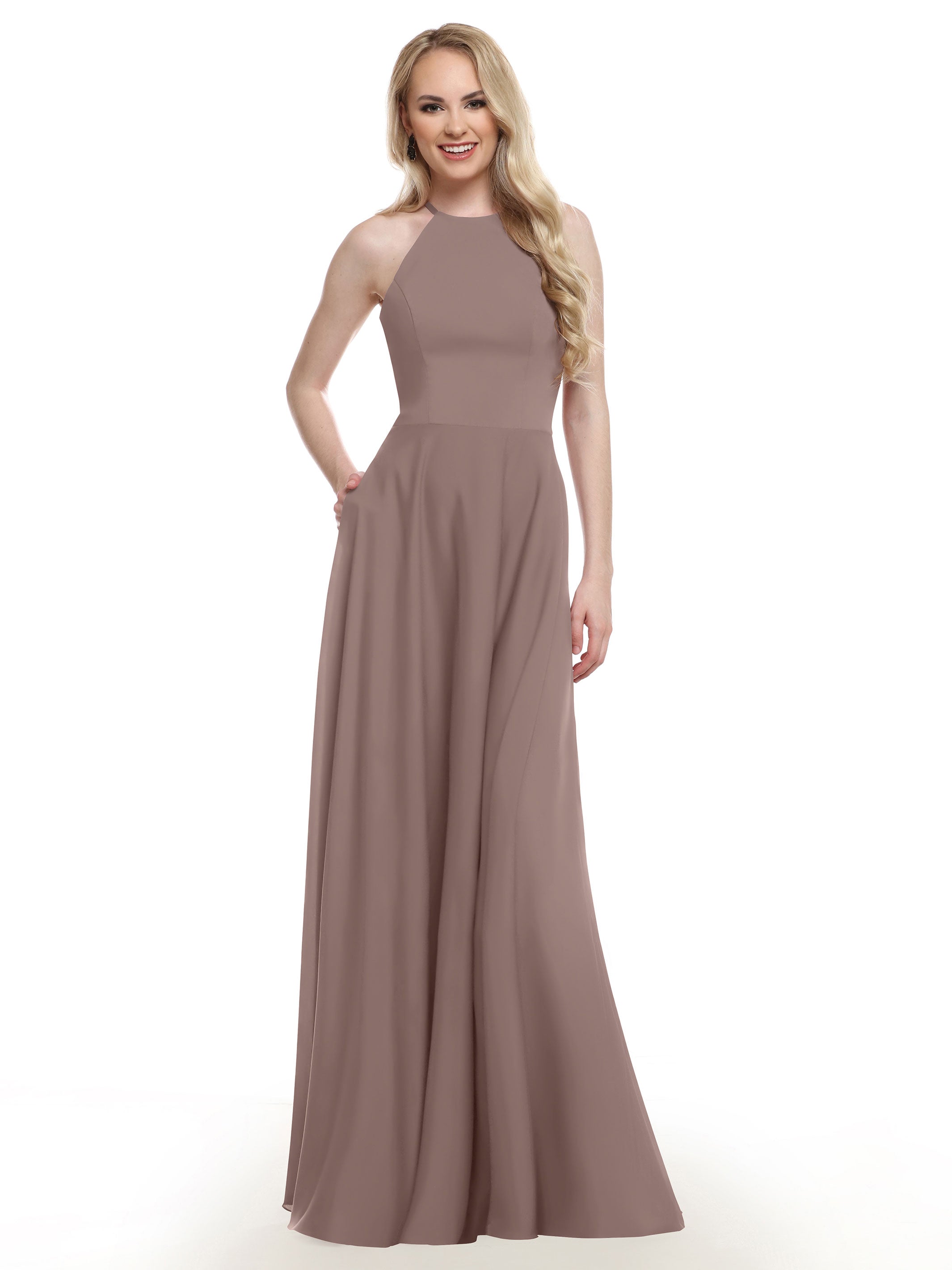 Elegant 83022 Stretch Chiffon Halter A-Line Bridesmaid Dress with Pockets - Perfect for Weddings, Parties & Formal Events