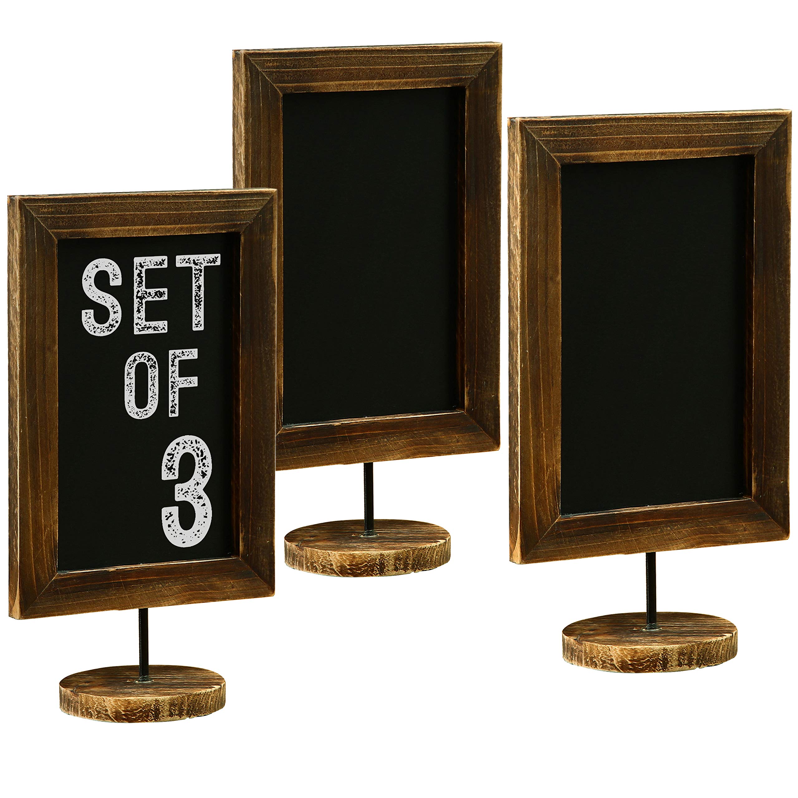 MyGift Set of 3 Rustic Chalkboard Signs with Burnt Wood Frame & Round Base - Wedding Table Place Cards, Kitchen Memo Boards - Perfect for Weddings, Restaurants & Home Décor