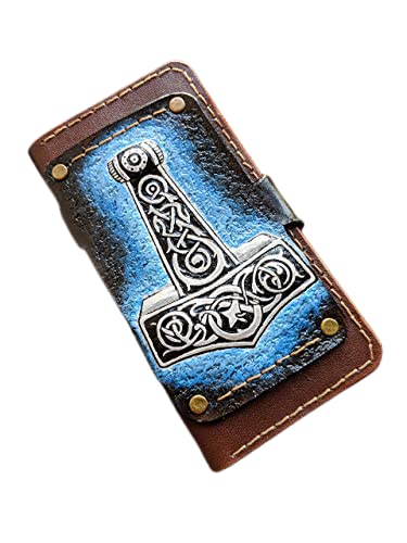 Genuine Leather Wallet Case for Apple iPhone XS/XS MAX/XR/8/8 Plus/7 Plus/6S/6 Plus/SE - 3D Carved Thor Hammer Design with Card Slots & Viewing Stand | Viking & Celtic Style | Perfect for Daily Use, Travel and Gift Giving