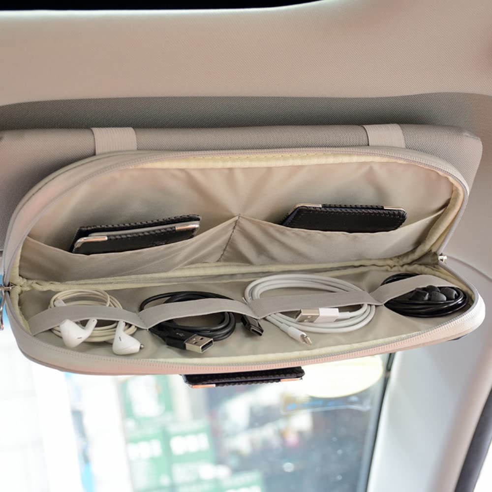 VAGURFO Car Sun Visor Organizer - Multi-Pocket Zipper Storage Pouch for Car & Truck - Beige Auto Interior Accessories | Perfect for Sunglasses, Phones, Keys & Small Items Organization