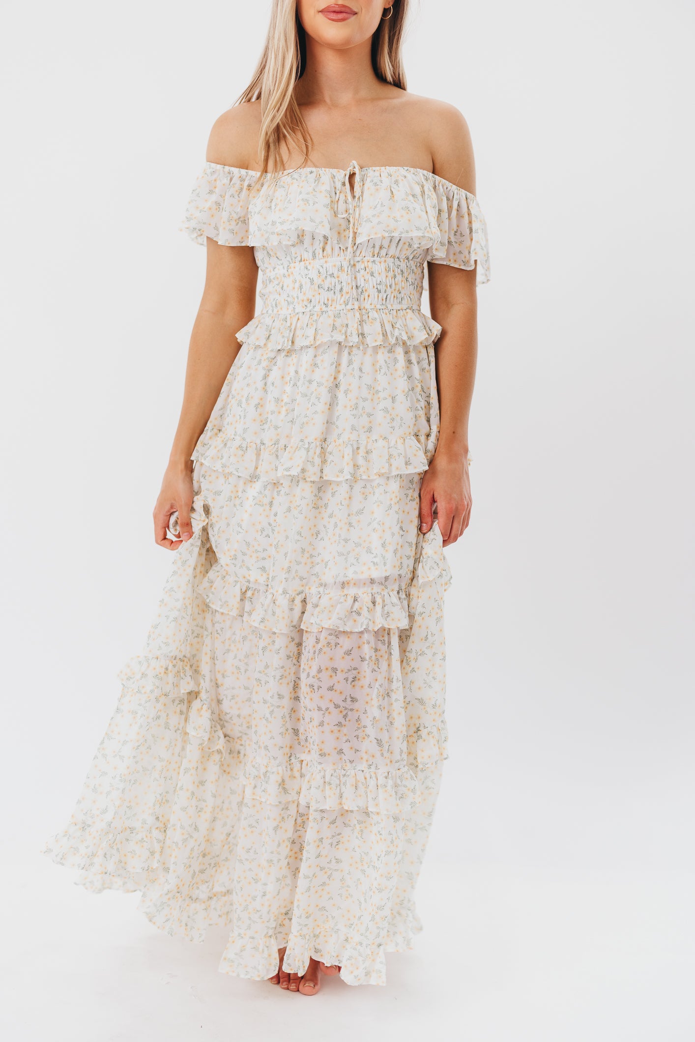 Astrid Ruffle Detail Maxi Dress - Yellow Floral Maternity Dress for Pregnancy | Bump Friendly, Comfortable & Stylish for Baby Showers, Maternity Photos & Summer Occasions