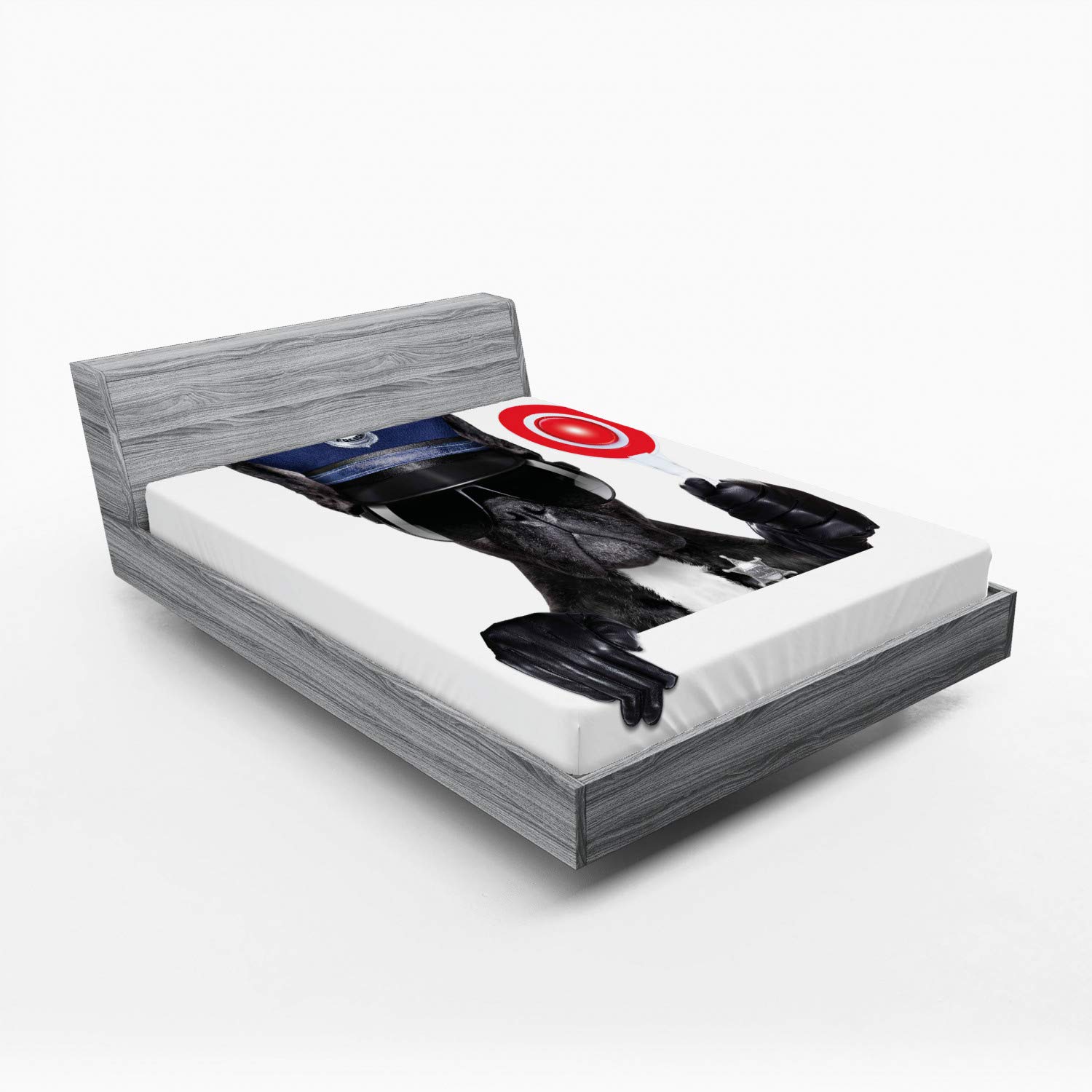 Ambesonne Police Dog Pug Fitted Sheet, Queen Size Blue Black - Perfect for Themed Bedrooms & Gifts