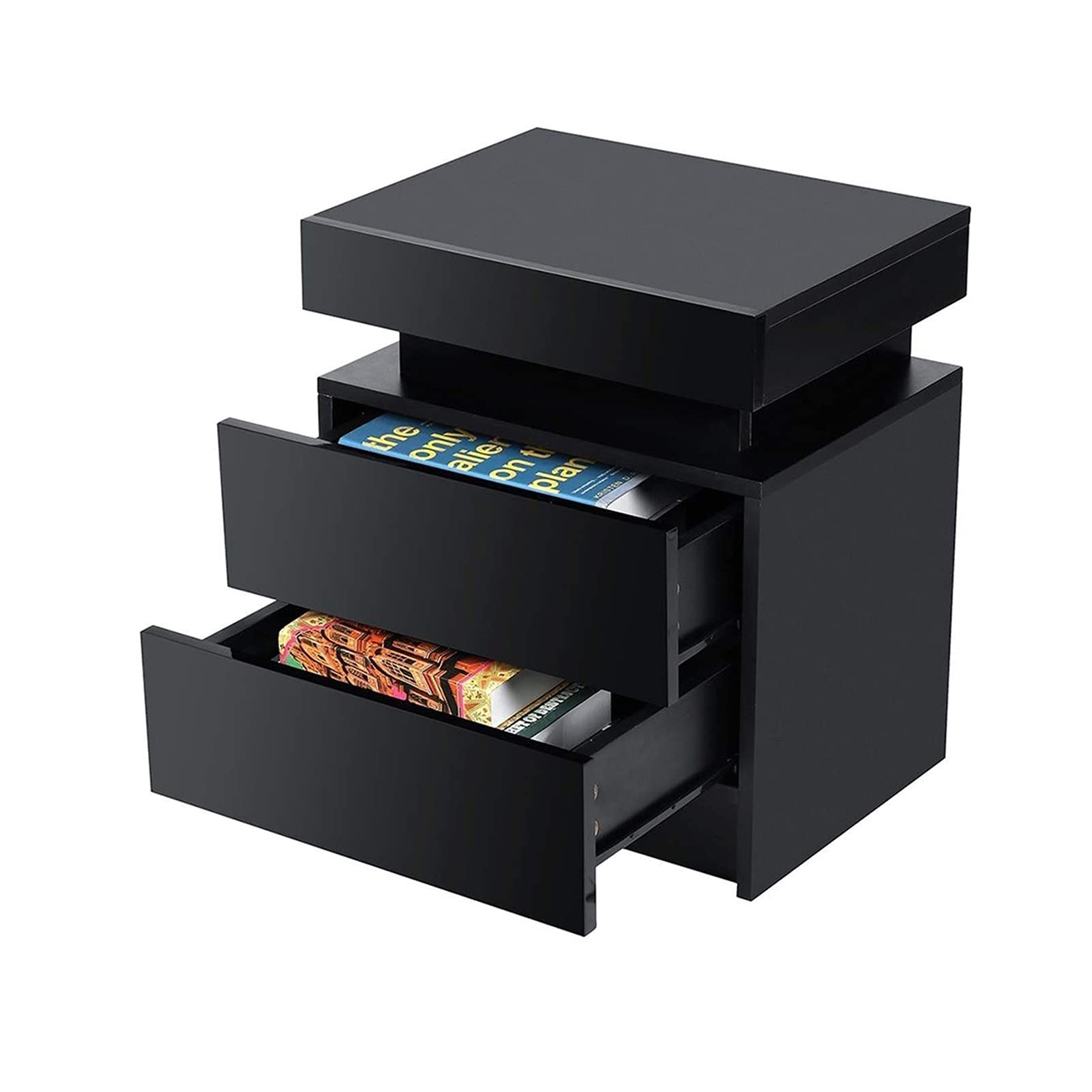 Modern High Gloss Nightstand with RGB LED Lights - 2 Drawer Bedside Cabinet, Contemporary Bedroom Furniture (Black/White) - Perfect for Small Spaces, Dorm Rooms & Apartment Bedrooms