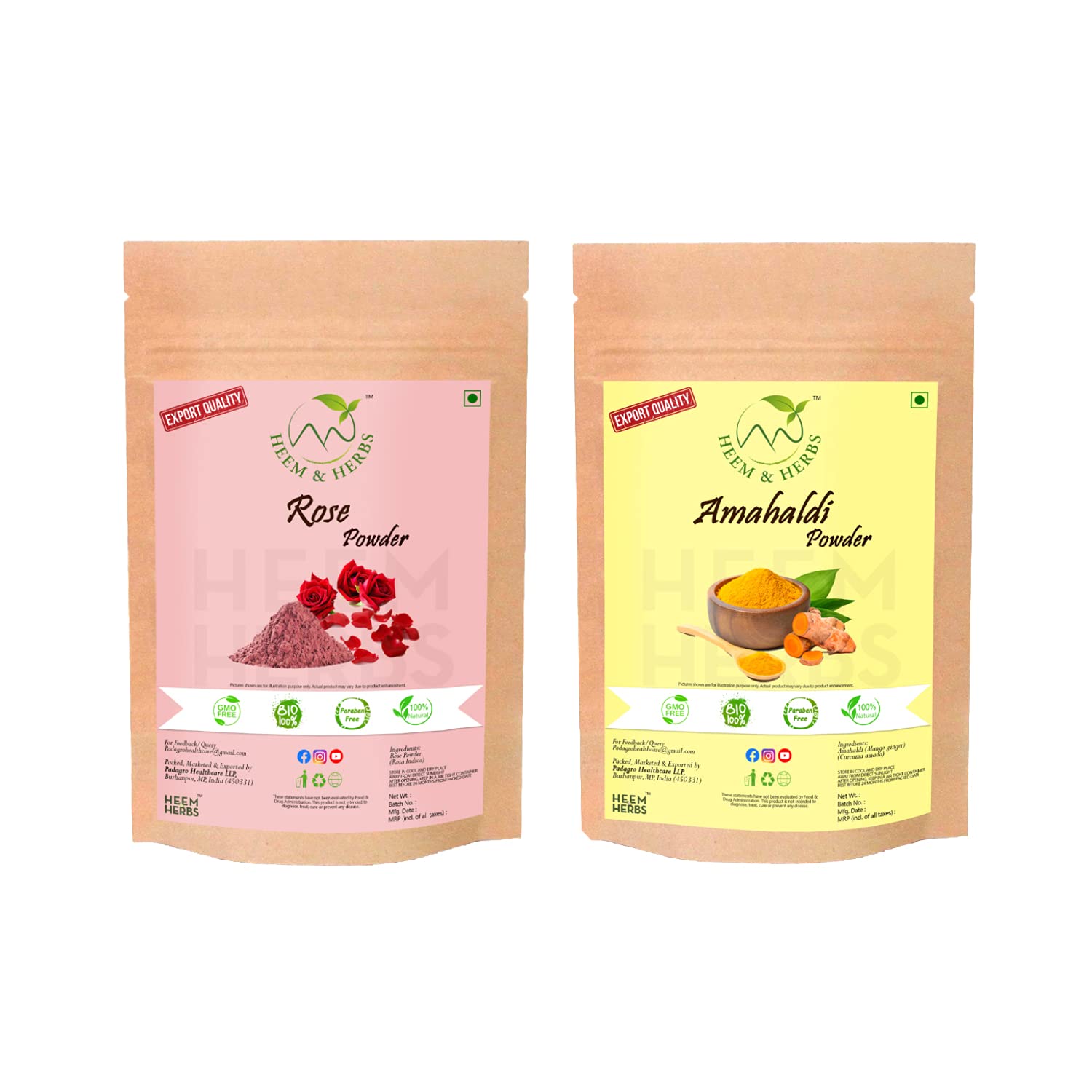 HEEM & HERBS 100% Natural Turmeric & Rose Face Mask Pack - Wild Turmeric (Amalhaldi) & Rose Powder for Glowing Skin - 2 Pack - Perfect for Daily Skincare & Spa Treatments