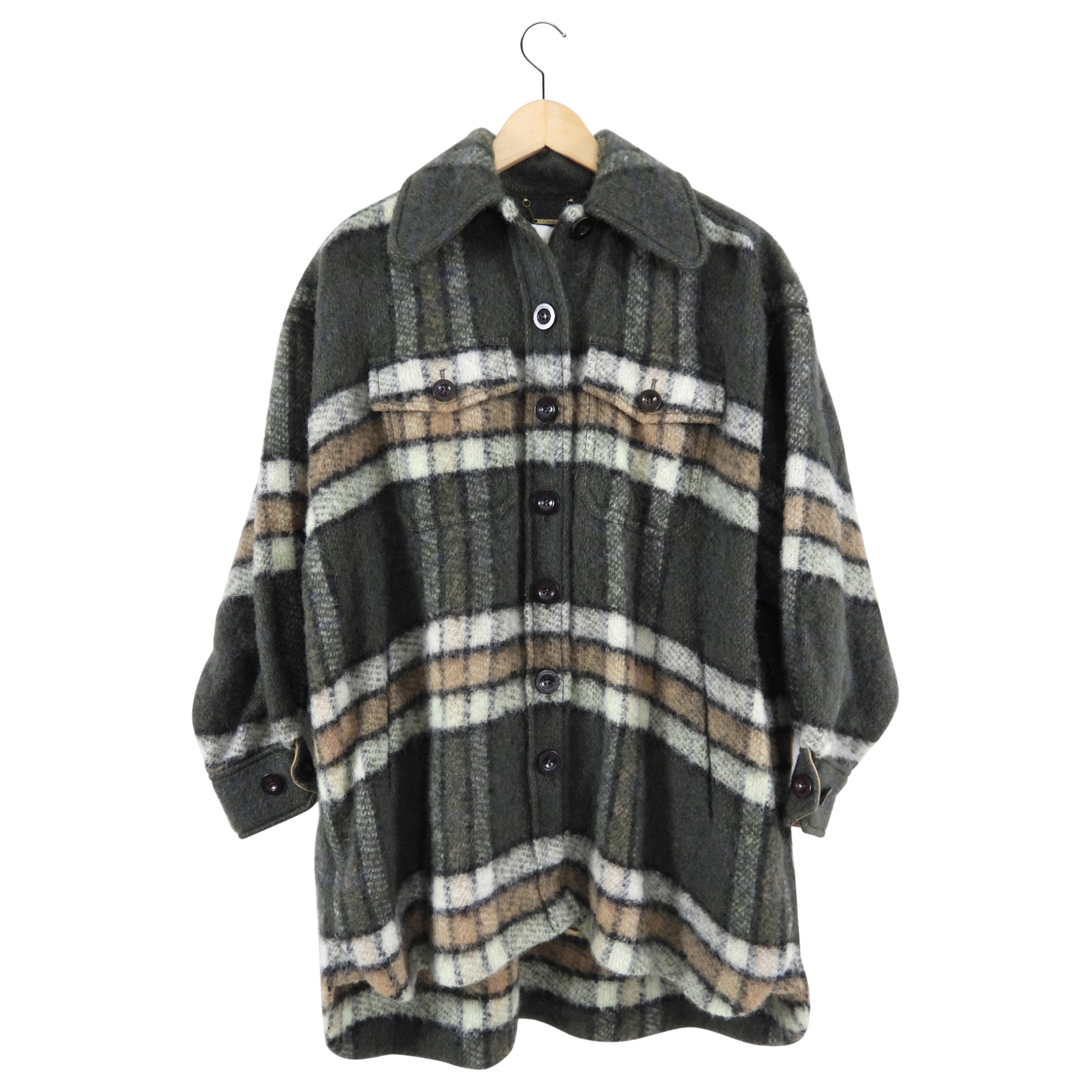Chloe Dark Green Check Blanket Coat Shacket for Women - XS/S - Warm Plaid Overshirt Jacket for Fall & Winter Fashion, Outdoor Activities and Casual Wear