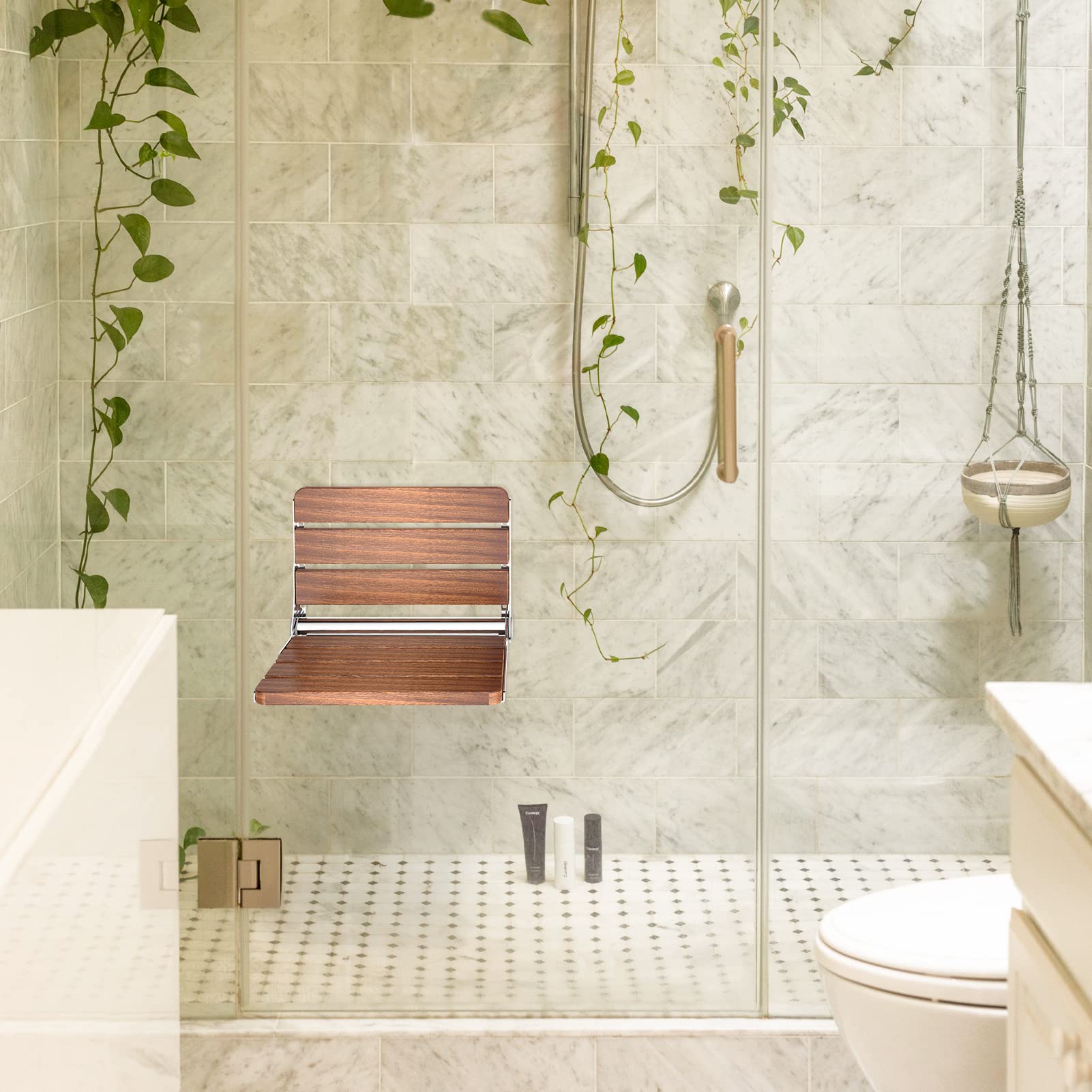 Foldable Wall Mounted Shower Seat for Elderly & Disabled Adults - Non-Slip Fold Up Shower Stool with Adjustable Height, Waterproof Bathroom Chair for Safe Showering (Ideal for Seniors, Rehab & Small Spaces)