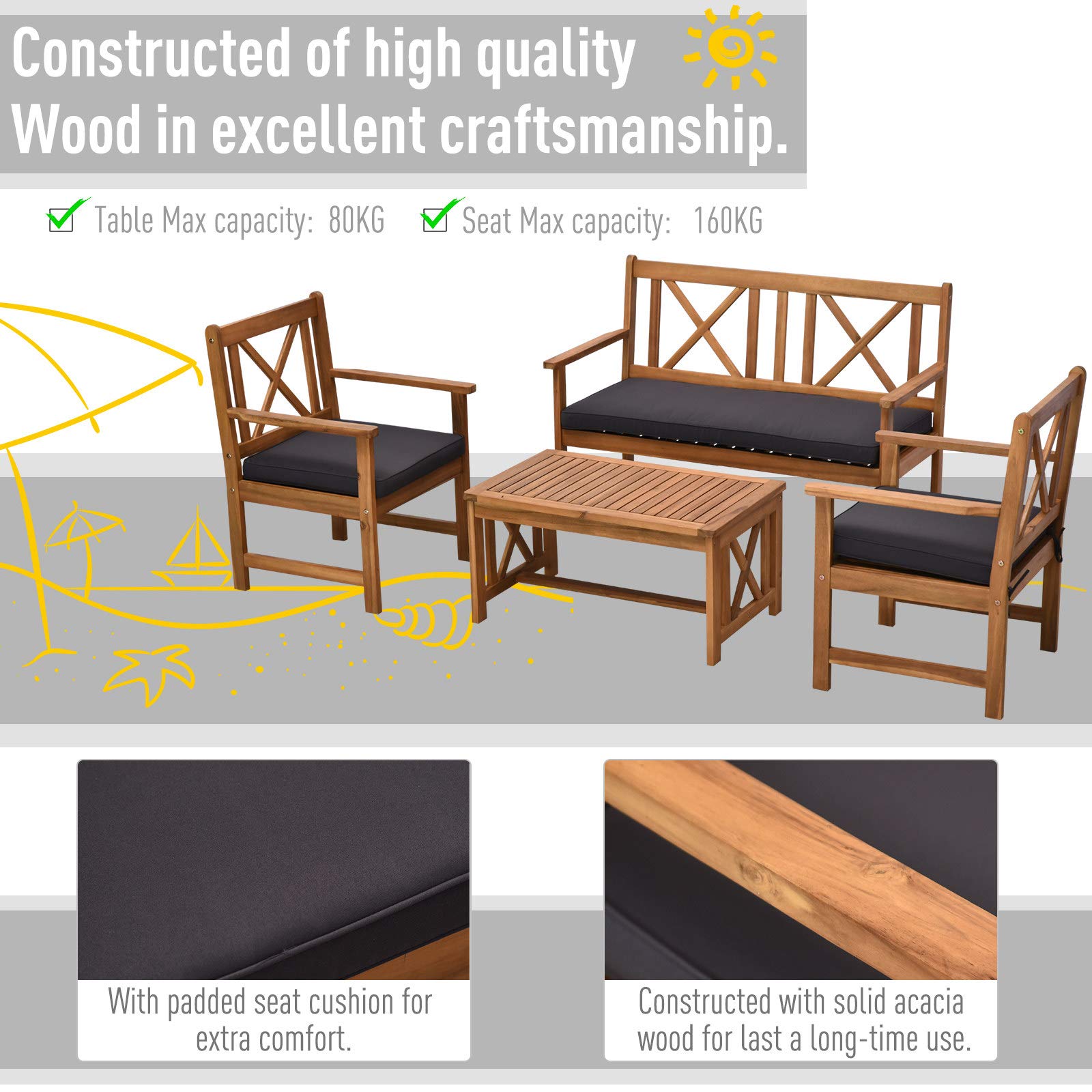 Outsunny 4-Piece Acacia Wood Patio Furniture Set with 2 Armchairs, 1 Sofa & Coffee Table - Includes Cushions - Perfect for Outdoor Garden, Backyard, Poolside & Balcony Relaxation