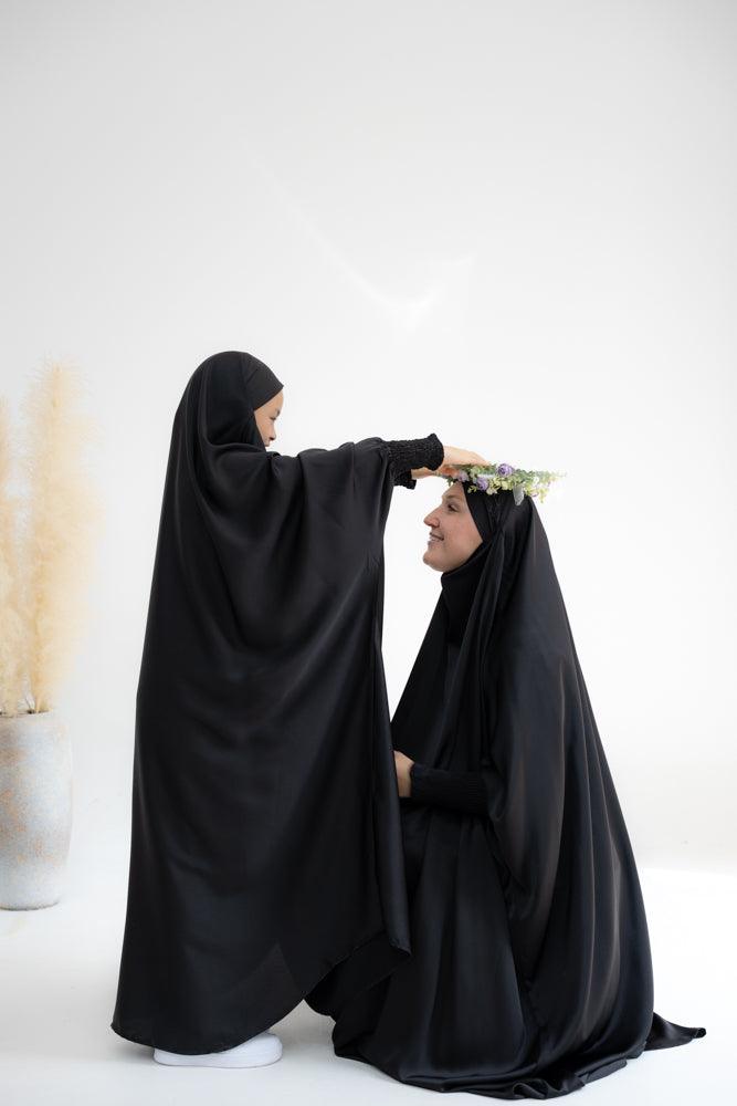 Gretaah Khimar Style Prayer Gown with Ribbed Sleeves & Lace Cuff - Black Islamic Prayer Dress for Women - Perfect for Salah, Mosque Worship & Religious Ceremonies