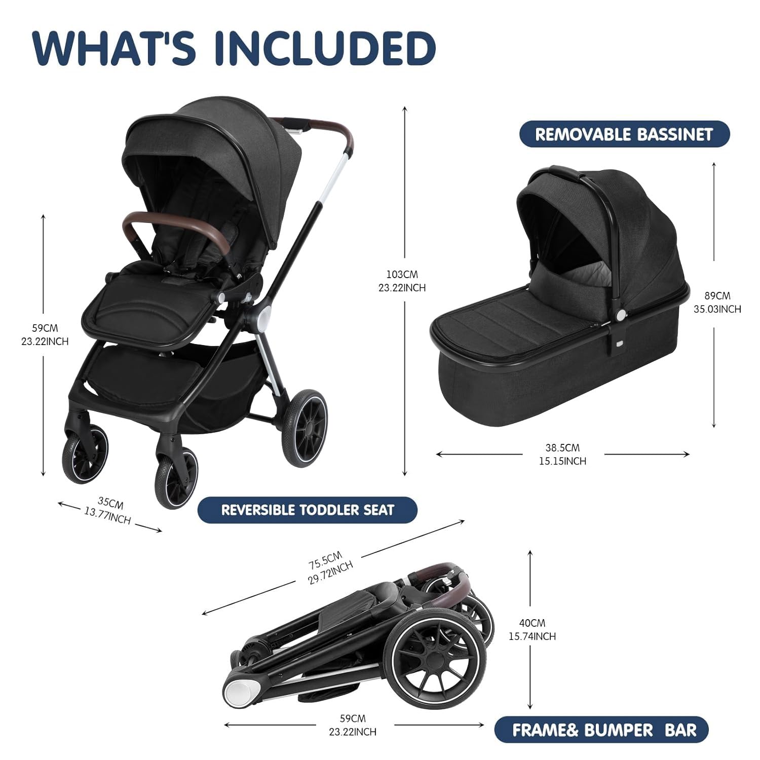 SIMPLGIRL Full-Size Baby Stroller with Removable Bassinet & Reversible Seat - Lightweight Travel Stroller for Newborns & Toddlers - Smooth Glide Wheels for Park Walks & Shopping Trips - Black