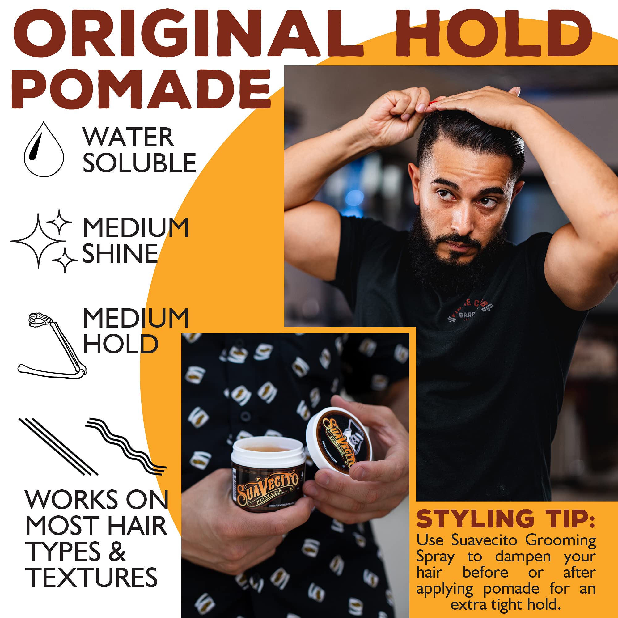 Suavecito Pomade for Men - Medium Hold & Shine, Water-Based Hair Styling Wax (4oz) | All-Day Flake-Free Hold, Easy Wash Out | Perfect for Slick Back, Pompadour & Classic Hairstyles