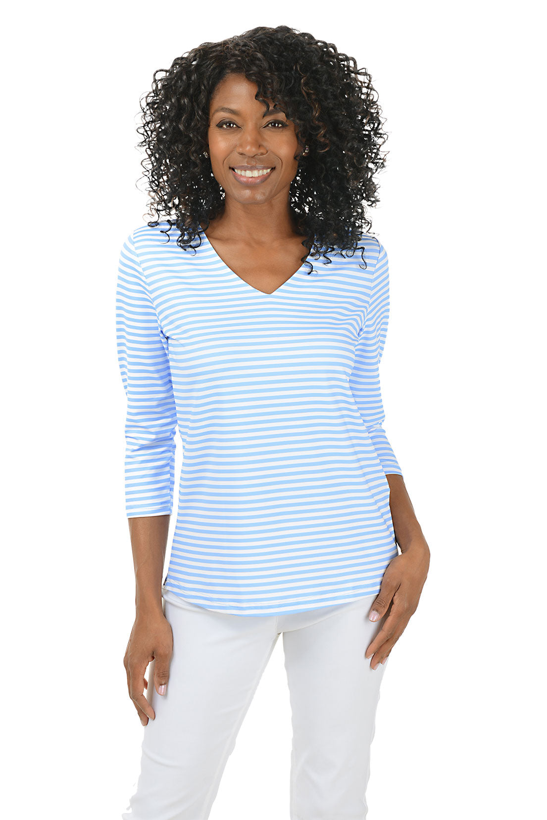 UPF50+ Striped Classic V-Neck Top for Women - Sun Protection Shirt for Outdoor, Beach & Summer Activities