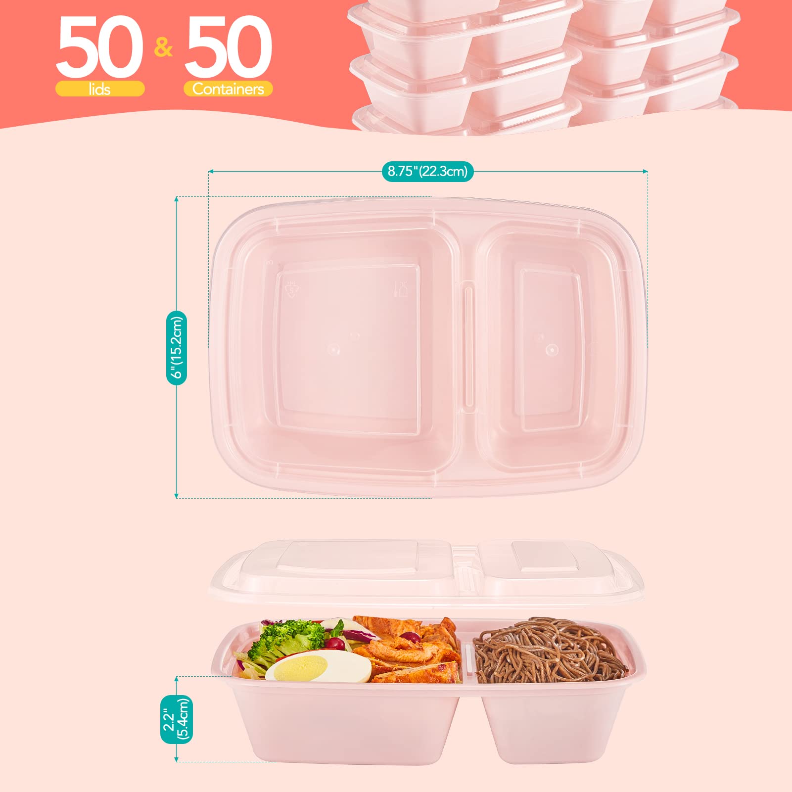 50 Pack Pink Meal Prep Containers 2 Compartments - 32OZ BPA-Free Plastic Food Storage Containers with Lids | Microwave, Dishwasher & Freezer Safe | Perfect for Lunch Box, Office Meal, Picnic & Leftovers