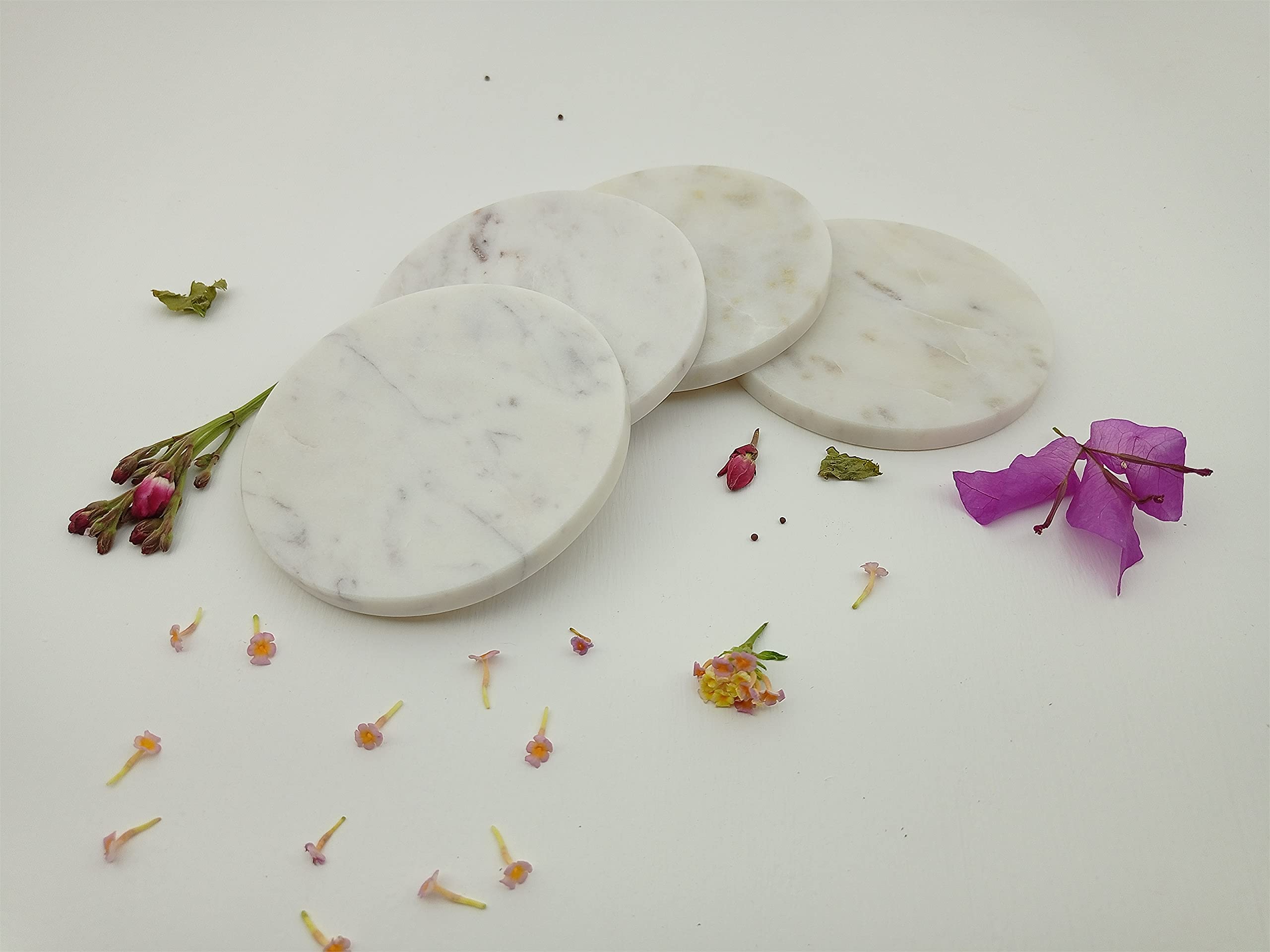 Handmade White Marble Round Coasters Set of 4 - Classic Elegant Drink Protectors for Bar, Kitchen, Dining & Living Room - Protect Furniture from Scratches & Stains - Perfect for Hot & Cold Beverages, Dinner Parties & Home Decor