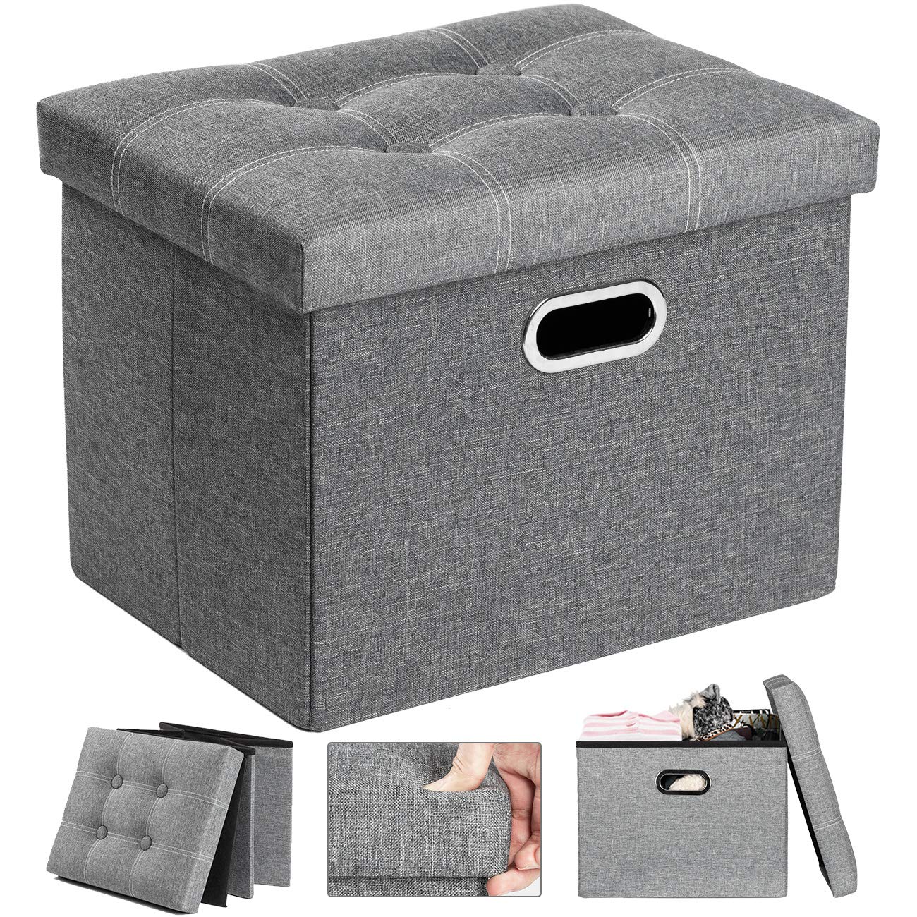 COSYLAND Storage Ottoman Bench - Foldable Footrest Stool with Linen Fabric, Collapsible Design & Handles - 17x13x13 Inches, Light Gray - Perfect for Living Room, Bedroom & Nursery Toy Storage