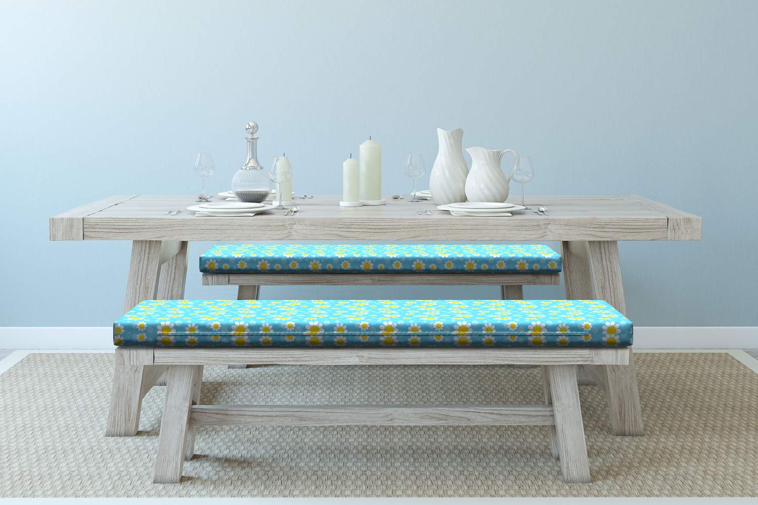 Ambesonne 2-Piece Yellow and Blue Bench Cushion Set - Cartoon Chamomile Flowers & Dots Design - 45