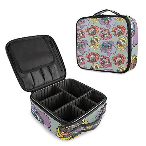 ALAZA Pug Dog Floral Makeup Bag Travel Cosmetic Organizer Case with Adjustable Dividers | Portable Storage for Cosmetics, Brushes & Toiletries | Perfect for Travel, Home & Salon Use