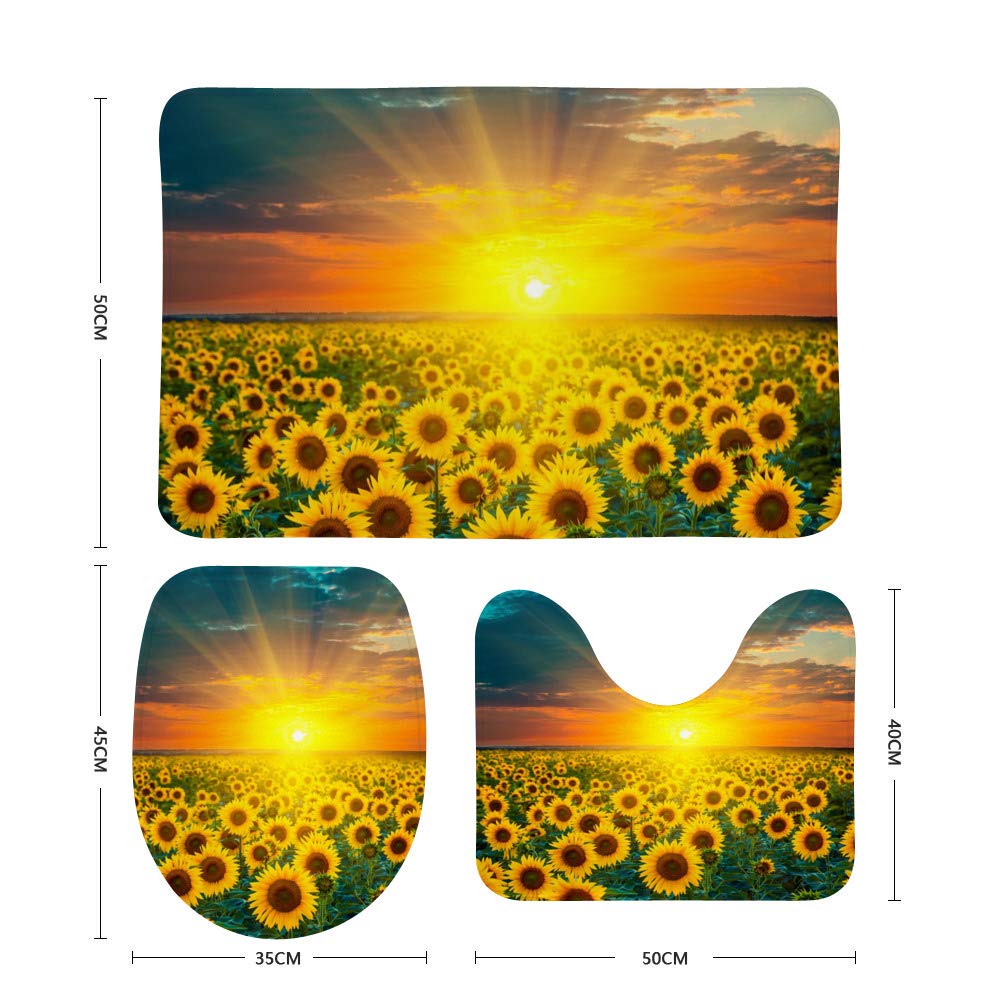 3-Piece Non-Slip Bathroom Rug Set - Ultra Soft Coral Fleece, Super Absorbent & Durable Bath Mats - Shower Carpet for Tub, Bedroom & Entryway - Sunflower Fields at Sunset Design - Perfect for Bathroom Safety, Cozy Home Decor & Gift Giving