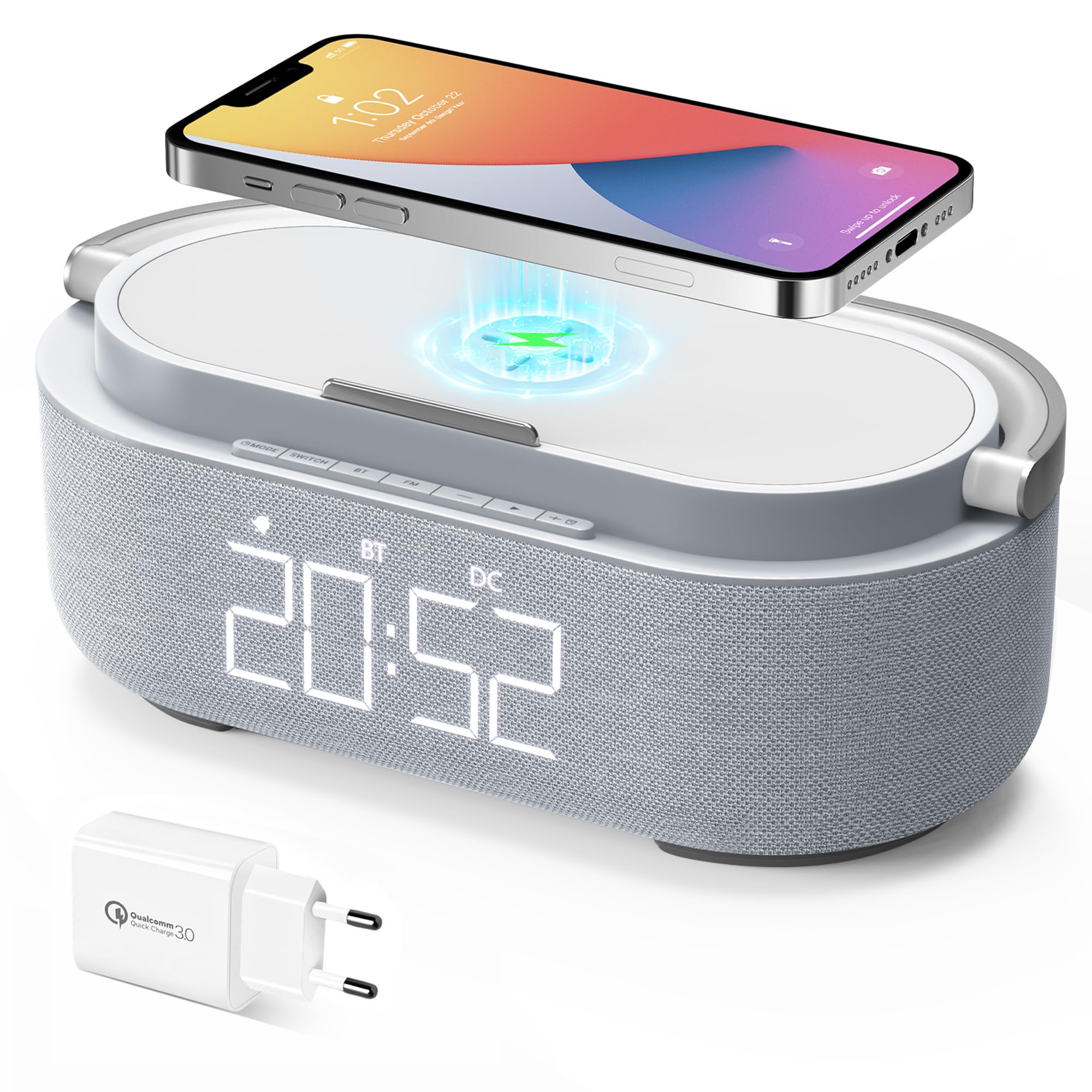 COLSUR Wireless Charging Digital Alarm Clock Radio - FM Radio, Bluetooth Speaker, USB Charging Port, LED Display, Phone Stand - Perfect for Bedroom, Office, and Nightstand Use