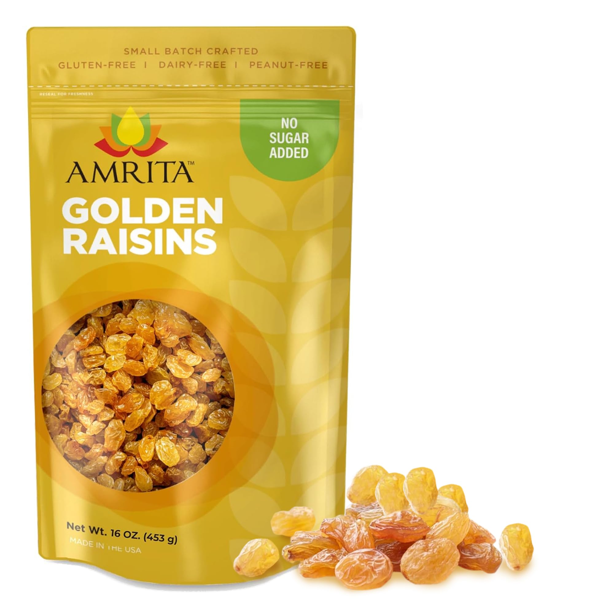 Amrita Golden Raisins 1 lb - No Added Sugar, Naturally Sweet, Gluten Free Dried Sultanas | Vegan & Healthy Snacks | Resealable Bag for Freshness | Perfect for Baking, Trail Mix & Healthy On-the-Go Snacking