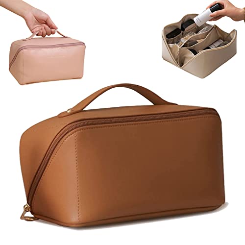 2022 Large Waterproof PU Leather Makeup Bag - Travel Cosmetic Organizer for Skincare & Toiletries (Brown) - Perfect for Travel & Daily Use