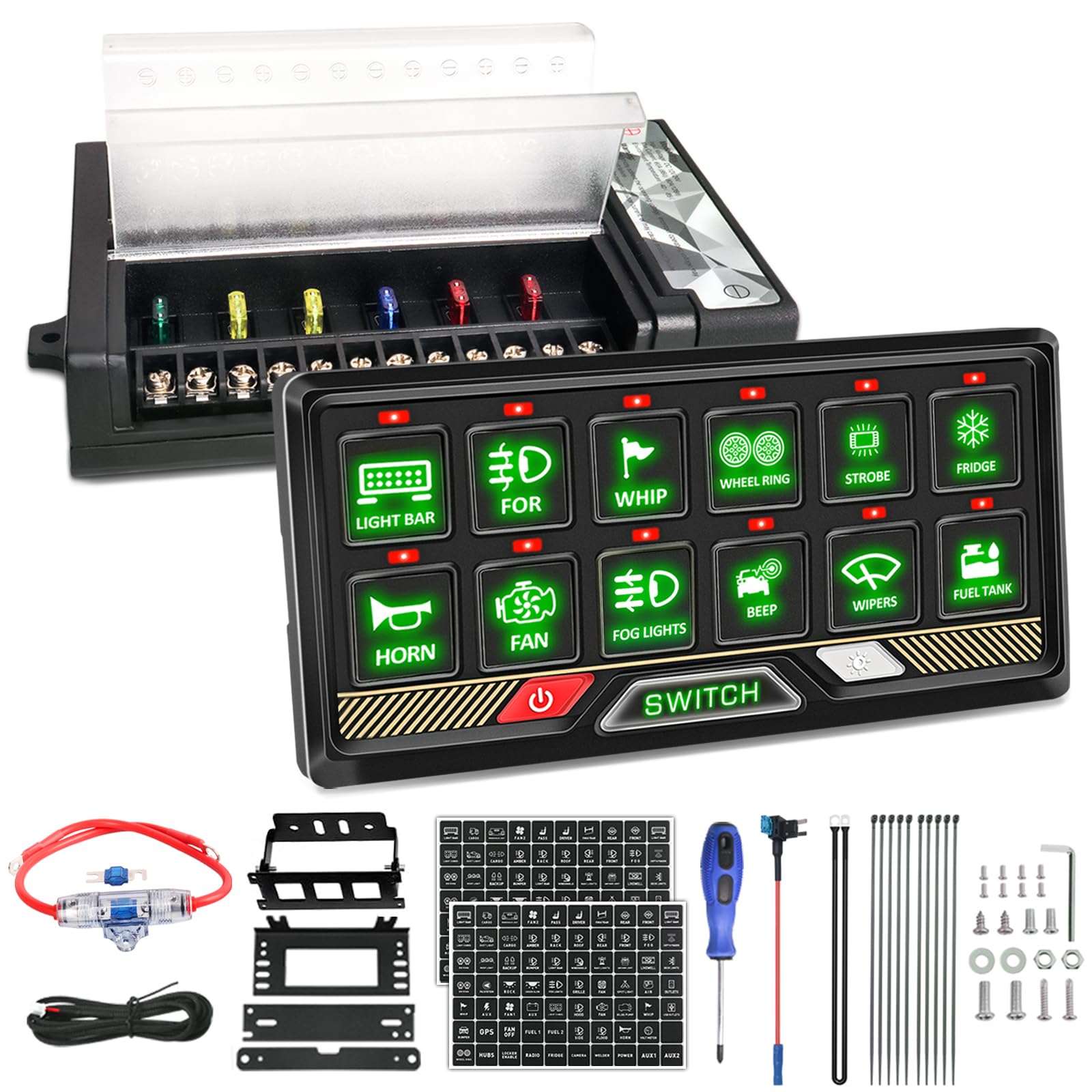 12 Gang RGB LED Switch Panel - Waterproof Aluminum Universal Circuit Control System with Relay Box for UTV, ATV, RV, Car, Boat, Truck & Trailer - Perfect for Off-Road, Marine & Vehicle Customization