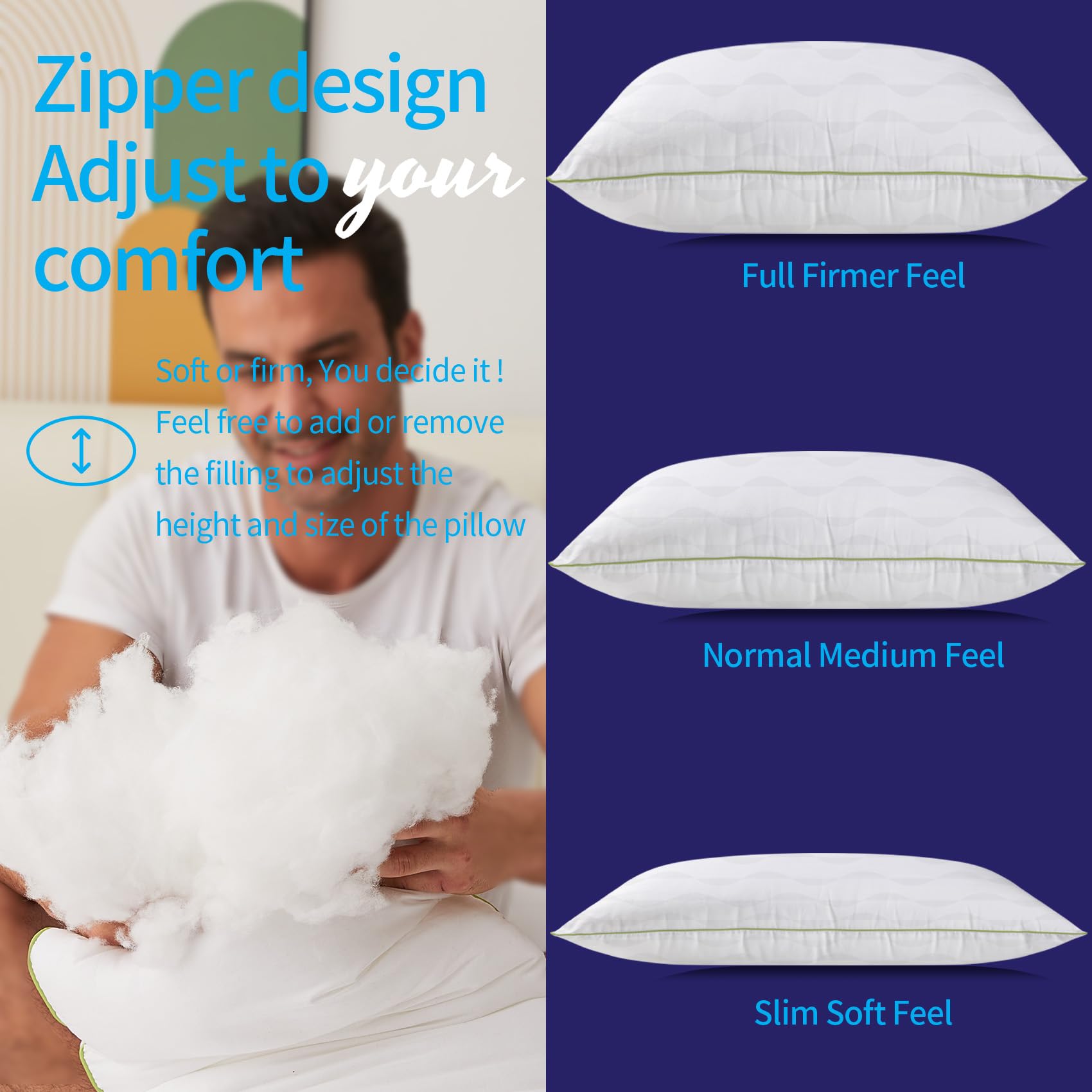 Queen Size Bed Pillows Set of 2 - Adjustable Cooling Hotel Quality Pillows with Premium Soft Down Alternative Fill & Zipper - Perfect for Side, Back & Stomach Sleepers - Luxury Bedroom & Guest Room Essentials