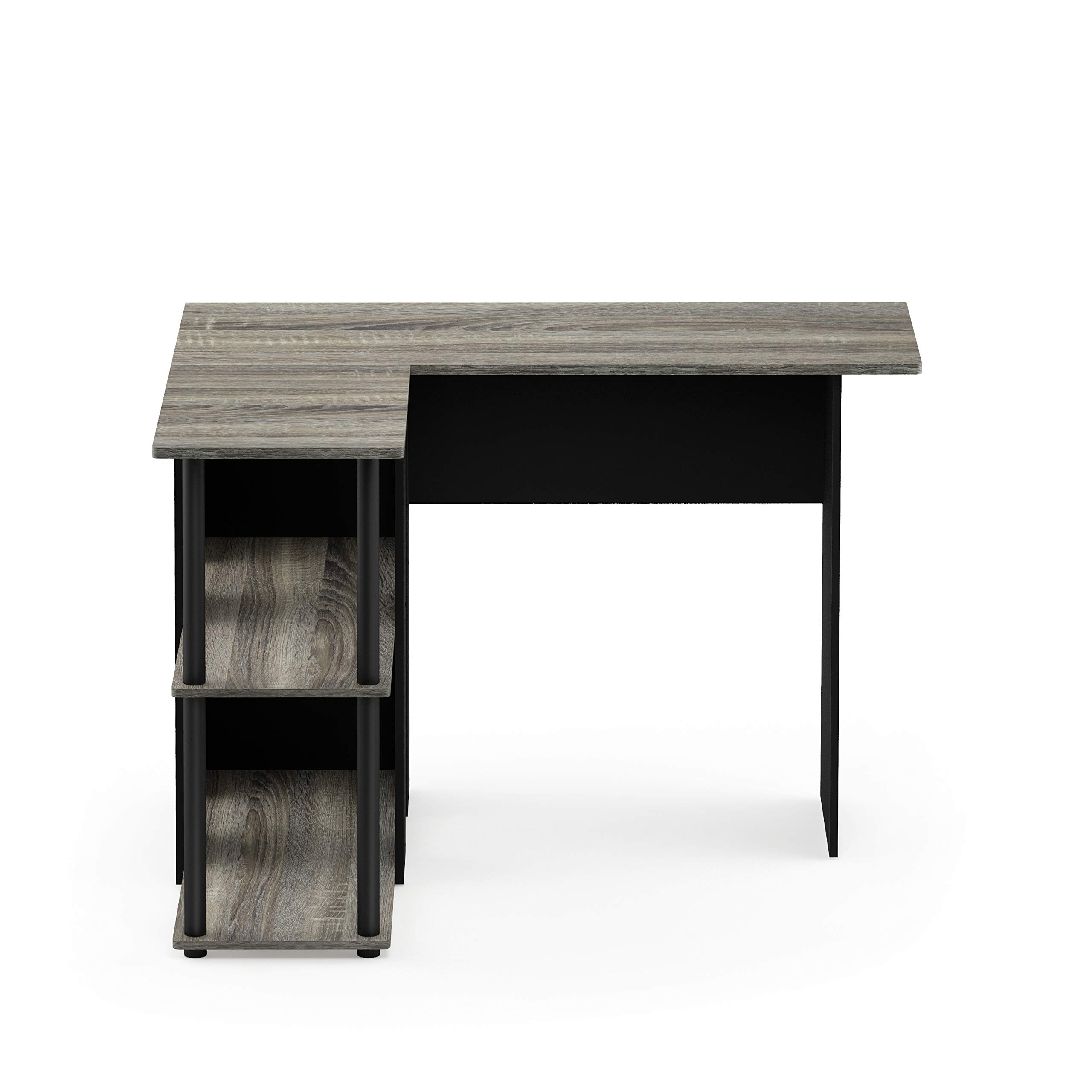 Furinno Abbott L-Shape Computer Desk with Bookshelf - French Oak Grey & Black Home Office Furniture for Small Spaces | Compact Workstation for Gaming, Study & Remote Work