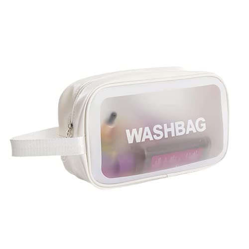 Waterproof PVC Travel Toiletries Bag - Clear Cosmetic Makeup Organizer Pouch for Women | Portable Shower Wash Bag for Bathroom, Gym & Vacation (White)