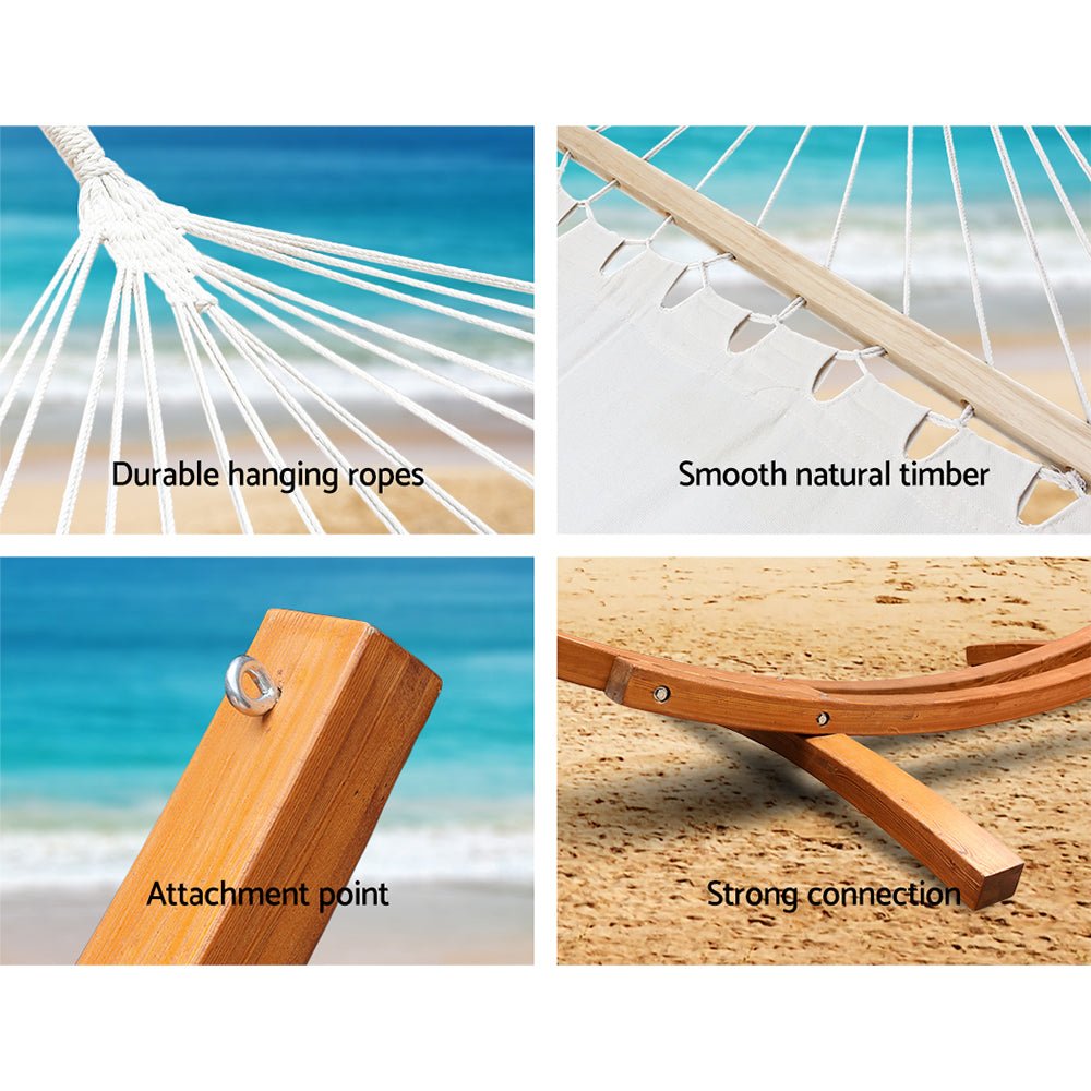 Premium White Tassel Timber Hammock - Portable Outdoor Camping & Garden Relaxation Bed for Backyard, Beach, and Patio Use