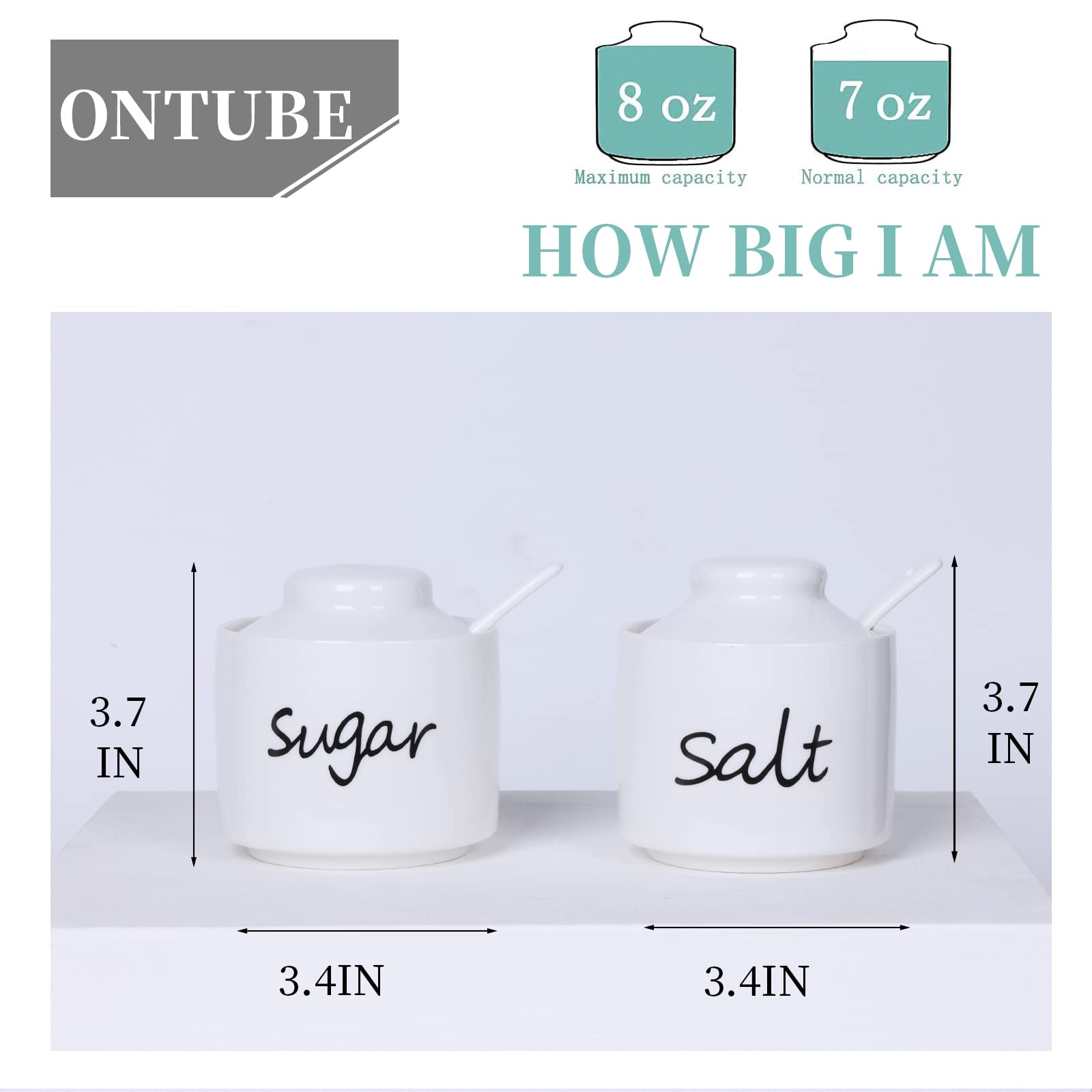 ONTUBE 8 oz Ceramic Sugar and Salt Bowls with Lid & Spoon - Airtight Kitchen Spice Storage Containers for Seasonings, Coffee, Tea | Dishwasher Safe, Elegant White for Countertop & Dining Table Decor