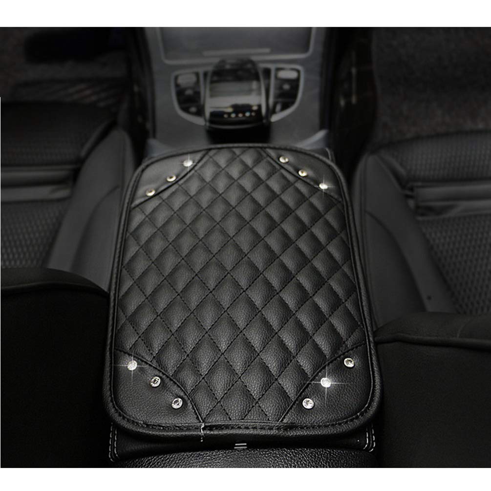 Garneck Car Armrest Cushion with Rhinestone Design - Black Center Console Pillow Cover, Armrest Box Riser Mat for Enhanced Comfort in Cars, SUVs, and Trucks - Perfect for Long Drives and Daily Commutes
