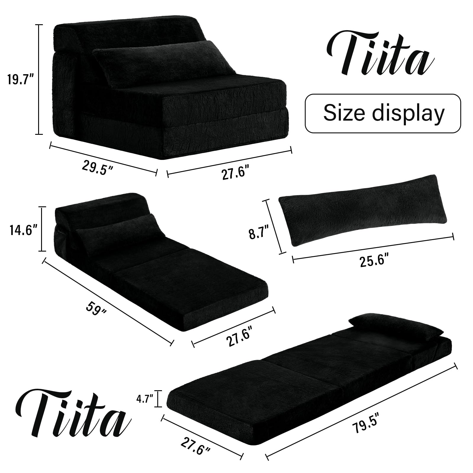 Tiita Folding Sofa Bed with Pillow - Single Size Mattress & Plush Fabric - Portable Storage Bag Included - Multi-Functional Floor Lounger Chair Bed - Perfect for Living Room, Guest Room, Dorm, Apartment, Loft & Home Office - Space-Saving Black Convertible Furniture - Great for Small Spaces, Overnight Guests & Relaxing