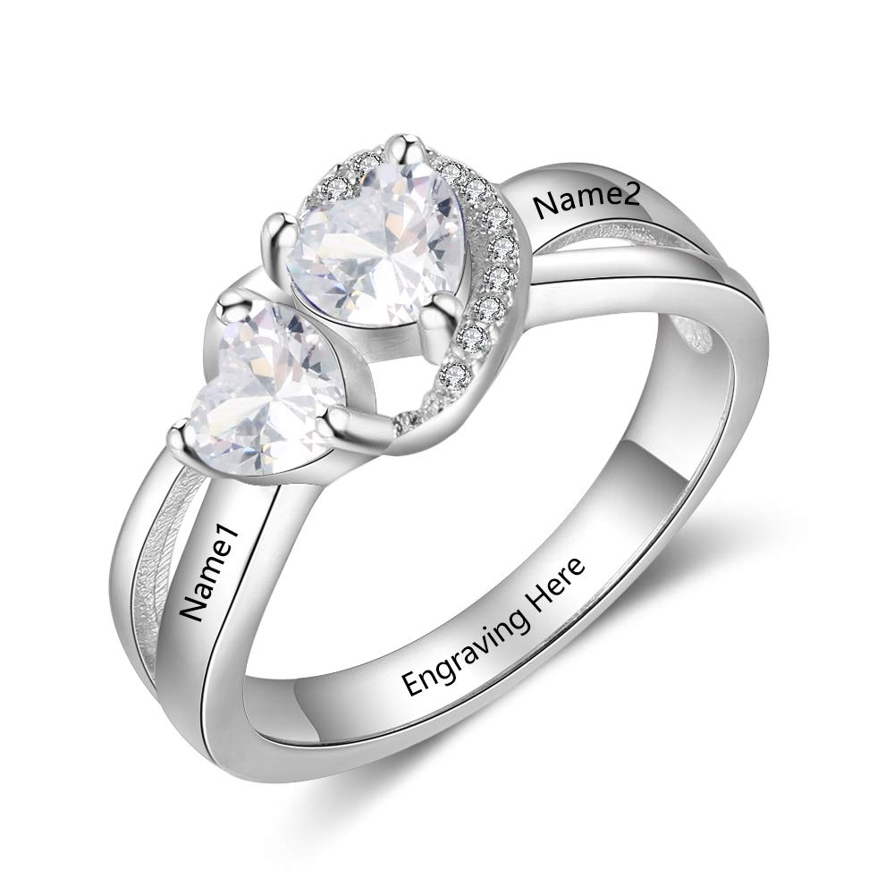 Promise Rings for Women - Personalized Love Heart Engagement Bands with 2 Simulated Birthstones & Custom Names - Perfect for Anniversaries, Valentine's Day Gifts & Romantic Proposals