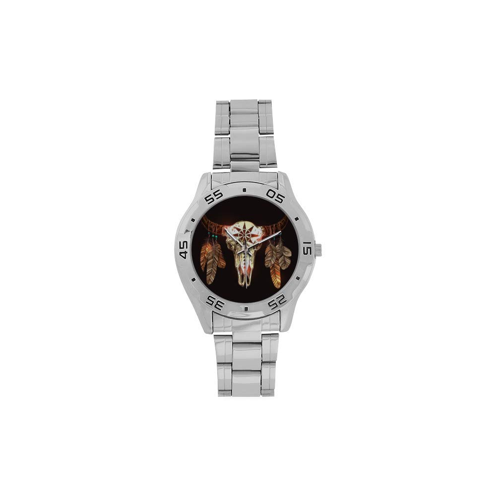 Cool Skull & Gun Tattoo Design Men's Stainless Steel Casual Watch - Silver Luxury Fashion Wristwatch for Everyday Wear & Style Statement