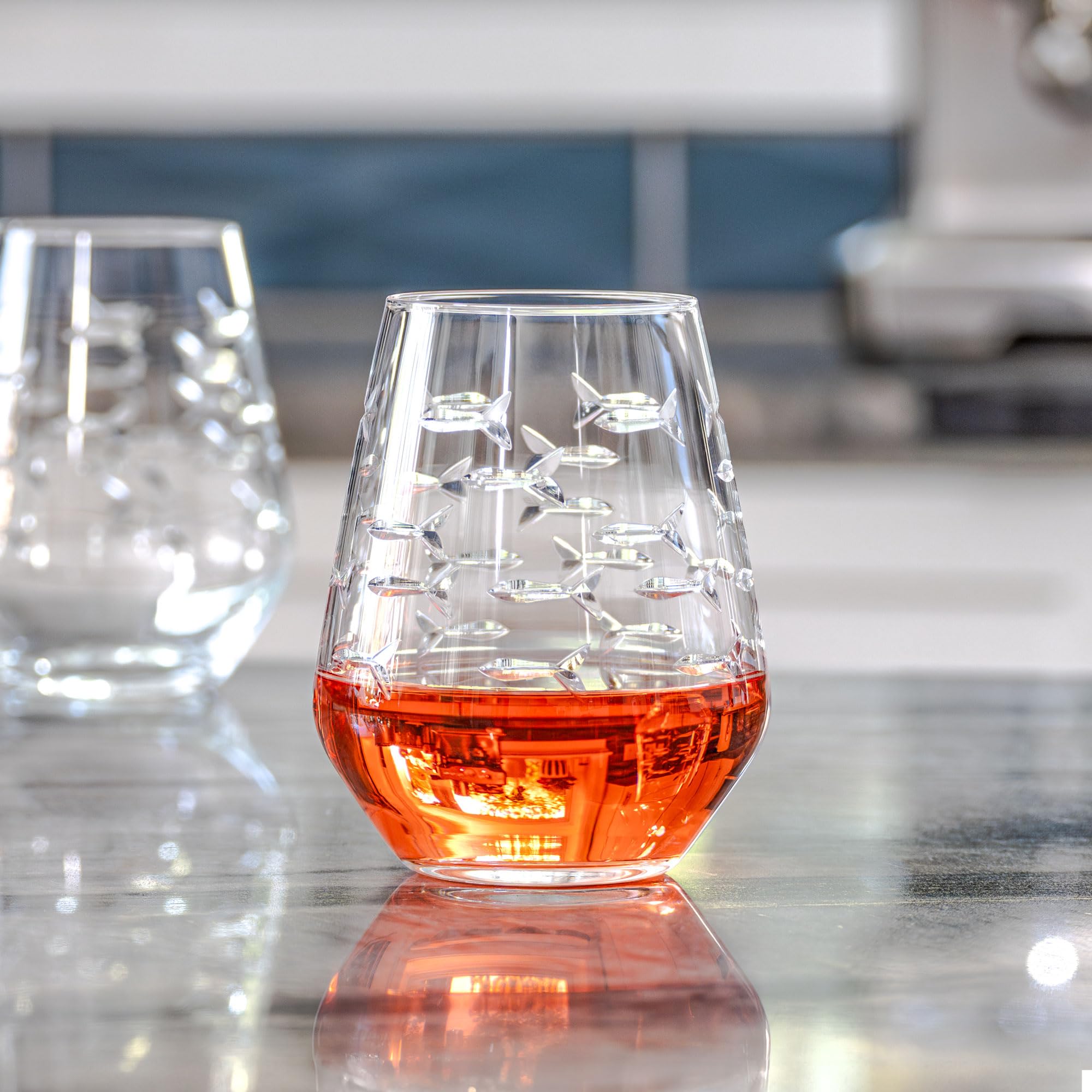 Rolf Glass School of Fish Stemless Wine Tumblers - Set of 4 Lead-Free 18oz Glasses | Hand Engraved & Polished in USA | Perfect for Parties, Gifts & Home Decor