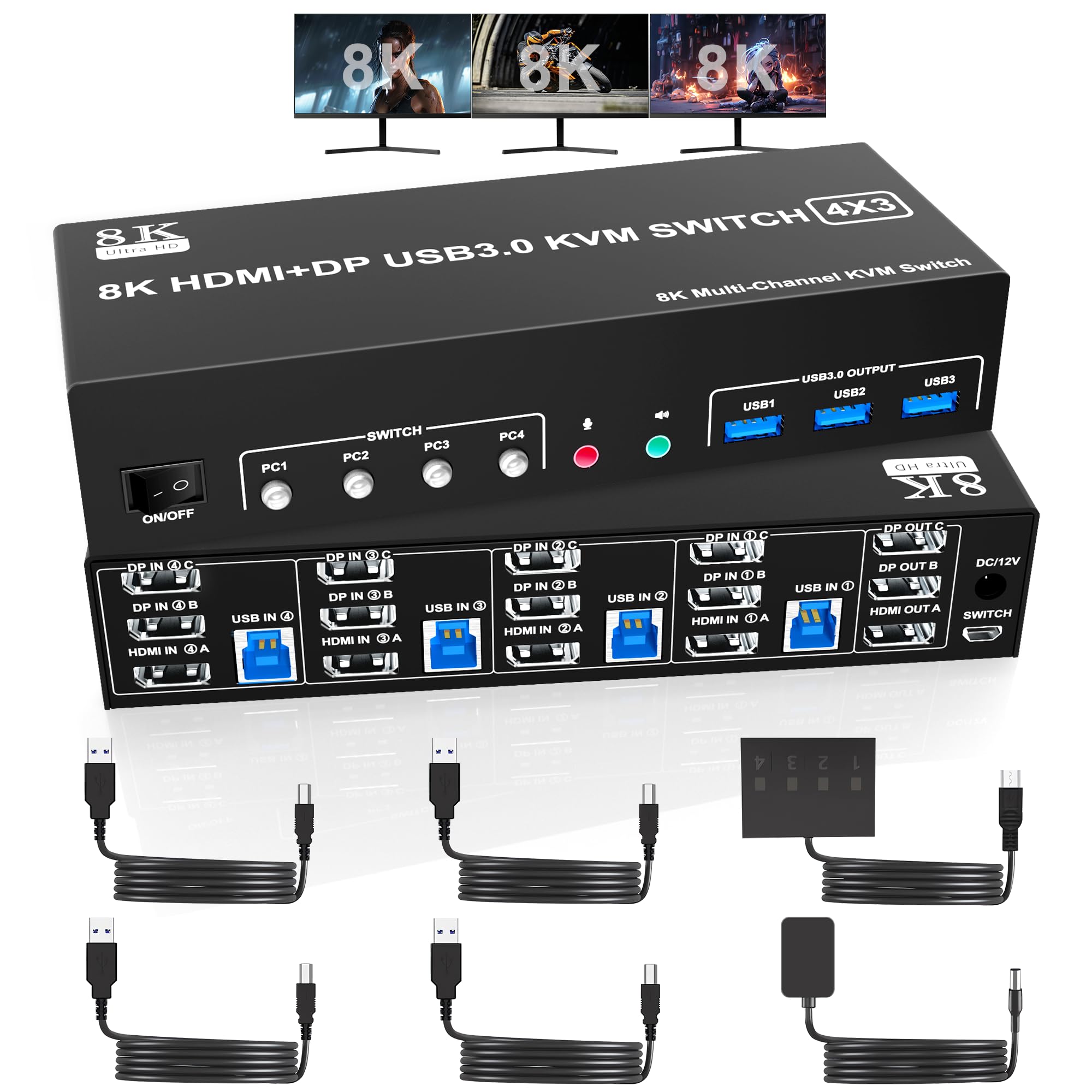 Premium 8K@60Hz Triple Monitor KVM Switch - 2 DisplayPort 1.4 + HDMI 2.1 Ports, USB 3.0 Hub, Audio/Mic Support for 4 Computers | Ideal for Gaming, Trading & Multi-Tasking Workstations