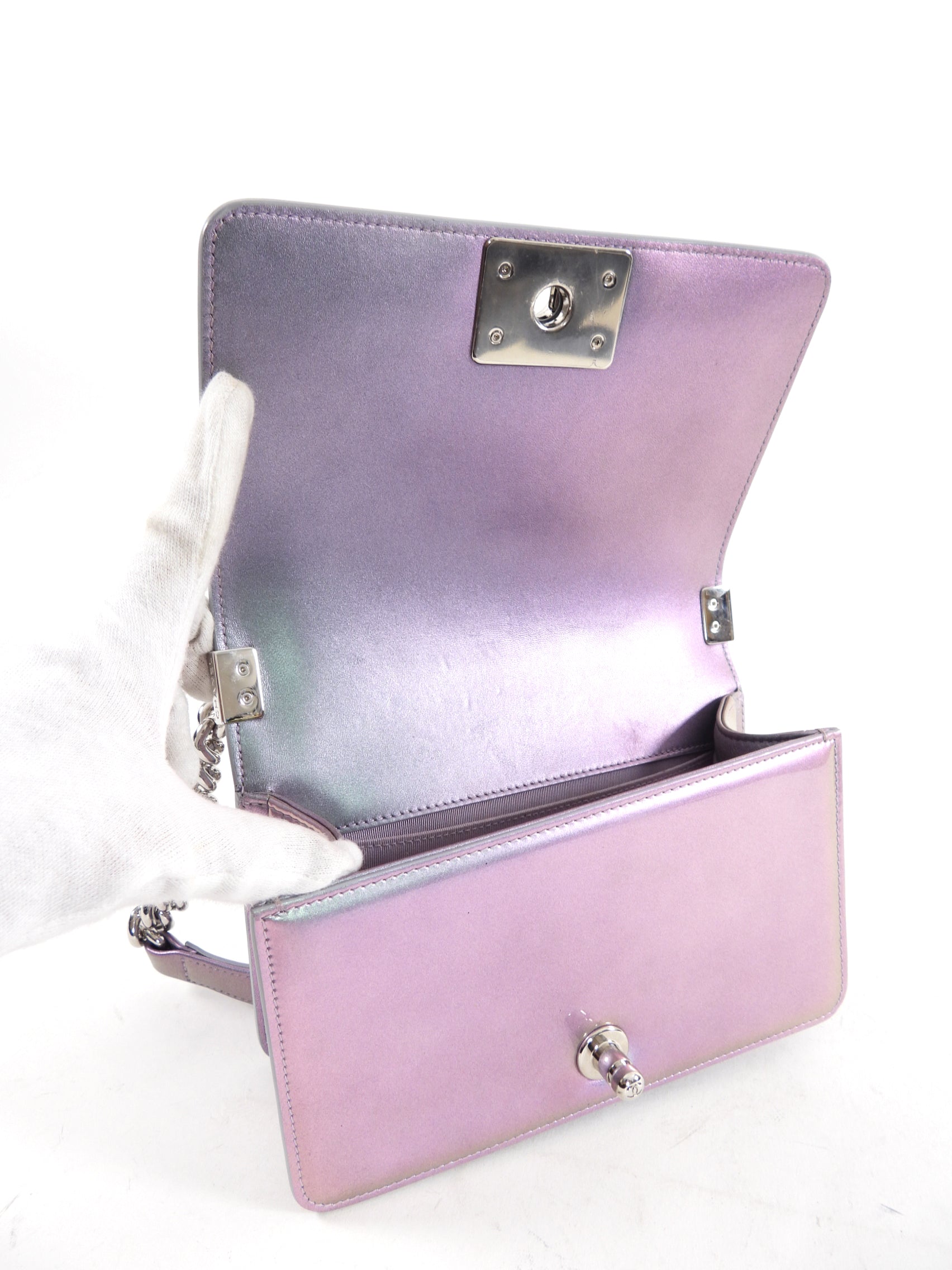 Chanel 18S Lilac Purple Holographic Mermaid Classic Small Boy Flap Bag - Luxury Designer Handbag for Women, Perfect for Evening Parties & Special Occasions