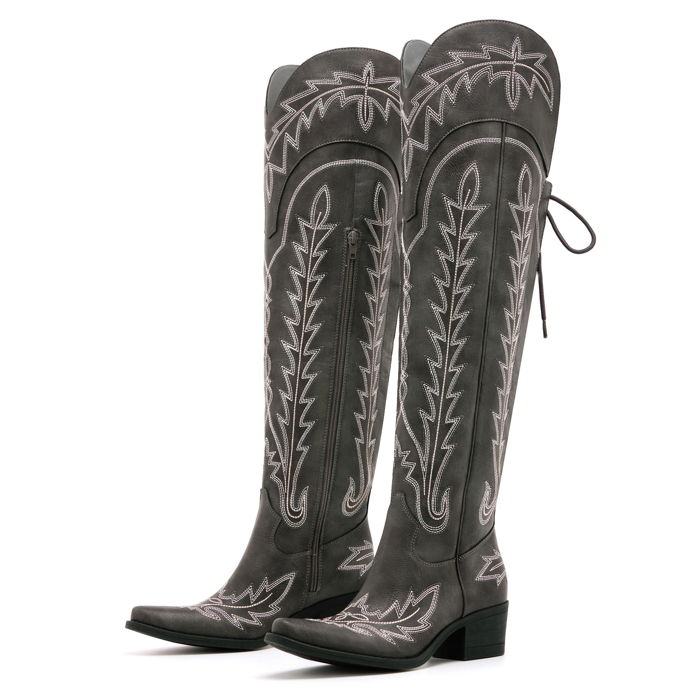 Vodvob Women's Black Embroidered Western Cowboy Boots - Lace-Up Over-The-Knee Boots with Chunky Heel for Casual Wear, Country Music Festivals & Western Fashion Outfits