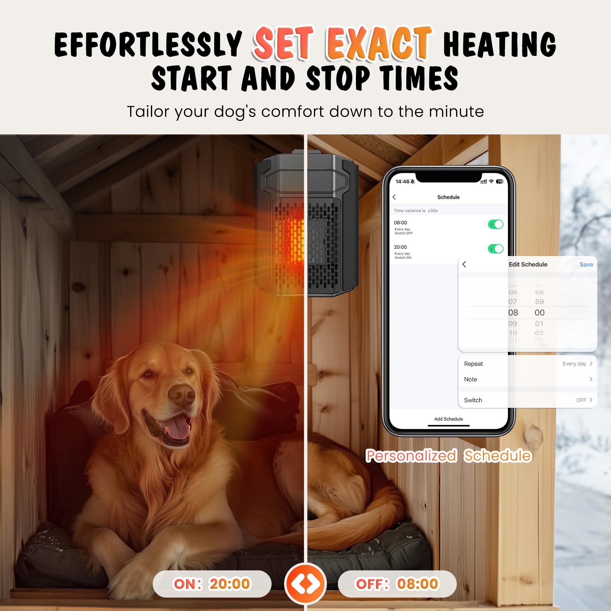500W WiFi Dog House Heater with Thermostat & APP Control - Outdoor Pet Heater with 6.5FT Temperature Probe, Adjustable Temperature & Timer - Perfect for Winter Kennels, Garages, and Outdoor Dog Houses