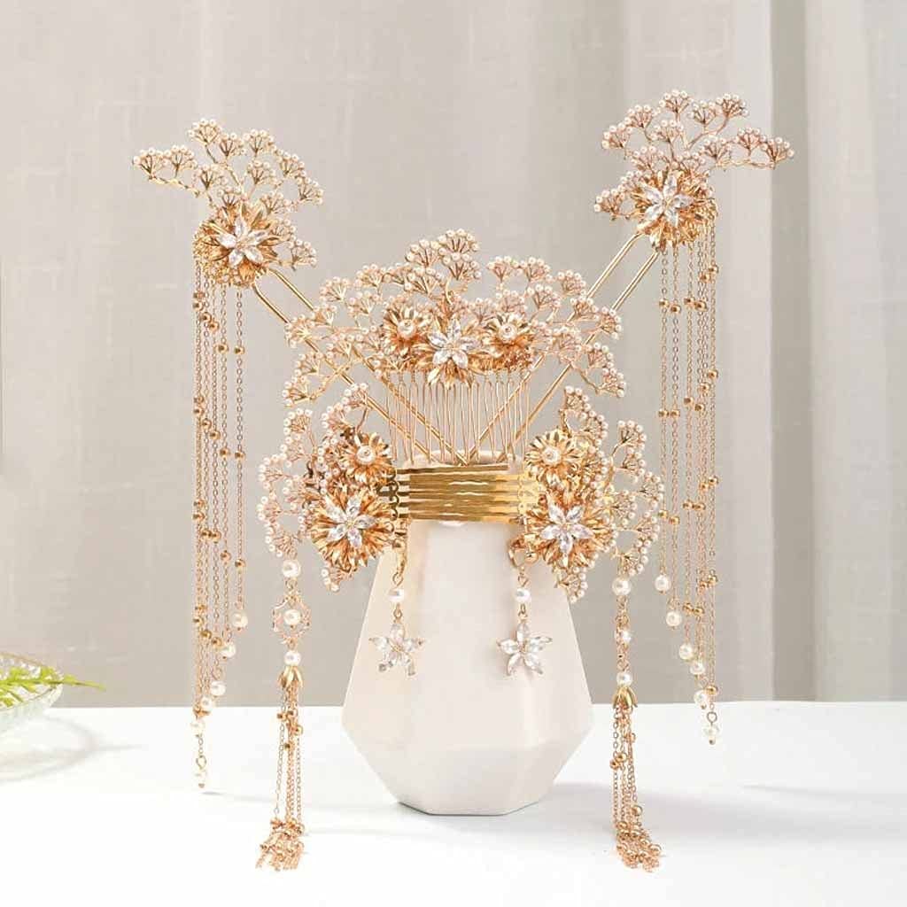 Vintage Gold Flower Pearl Hairpins & Hair Combs Set with Pendant Earrings - Chinese Bridal Hair Accessories for Weddings, Parties & Special Occasions