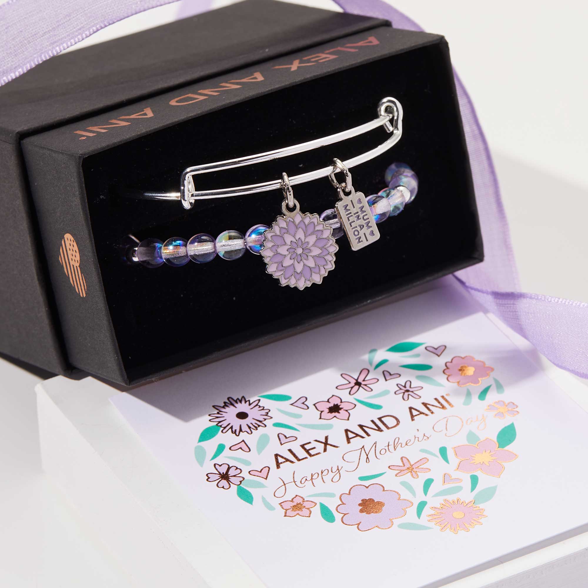Stylish Purple Flower Duo Charm Bangle Set of 2 - Perfect Gift for Mom, Mother's Day & Special Occasions - Elegant Jewelry for Women