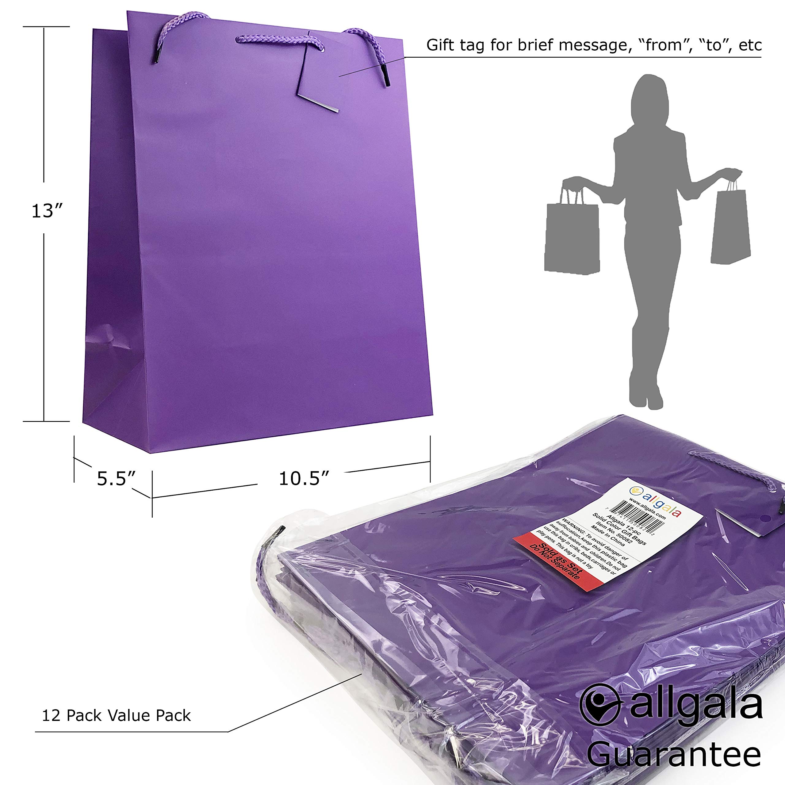 Allgala 12 Pack Large Purple Gift Bags with Handles - 13x10x5.5 Inch Party Favor Bags for Birthday, Wedding, Baby Shower, Christmas & Holiday Celebrations - Perfect for Gift Wrapping, Party Decorations & Special Occasions