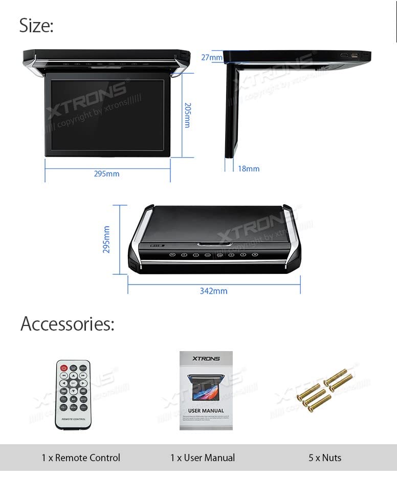 XTRONS® 12.1 Inch 1080P HD Roof Mounted Car Overhead Monitor with HDMI Port & IR Headphones - Black New Version (No DVD) for Rear Seat Entertainment in SUVs, Minivans, and Family Vehicles