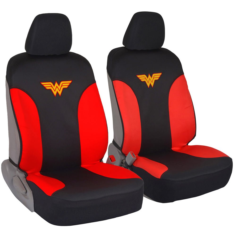 BDK Warner Bros DC Comics Wonder Woman Car Seat Covers - Universal Fit Front Seat Covers with Removable Headrest Cover & Matching Seat Belt Pads, Side Airbag Compatible (Red & Black) - Perfect for Superhero Fans, Comic Conventions & Themed Car Decor